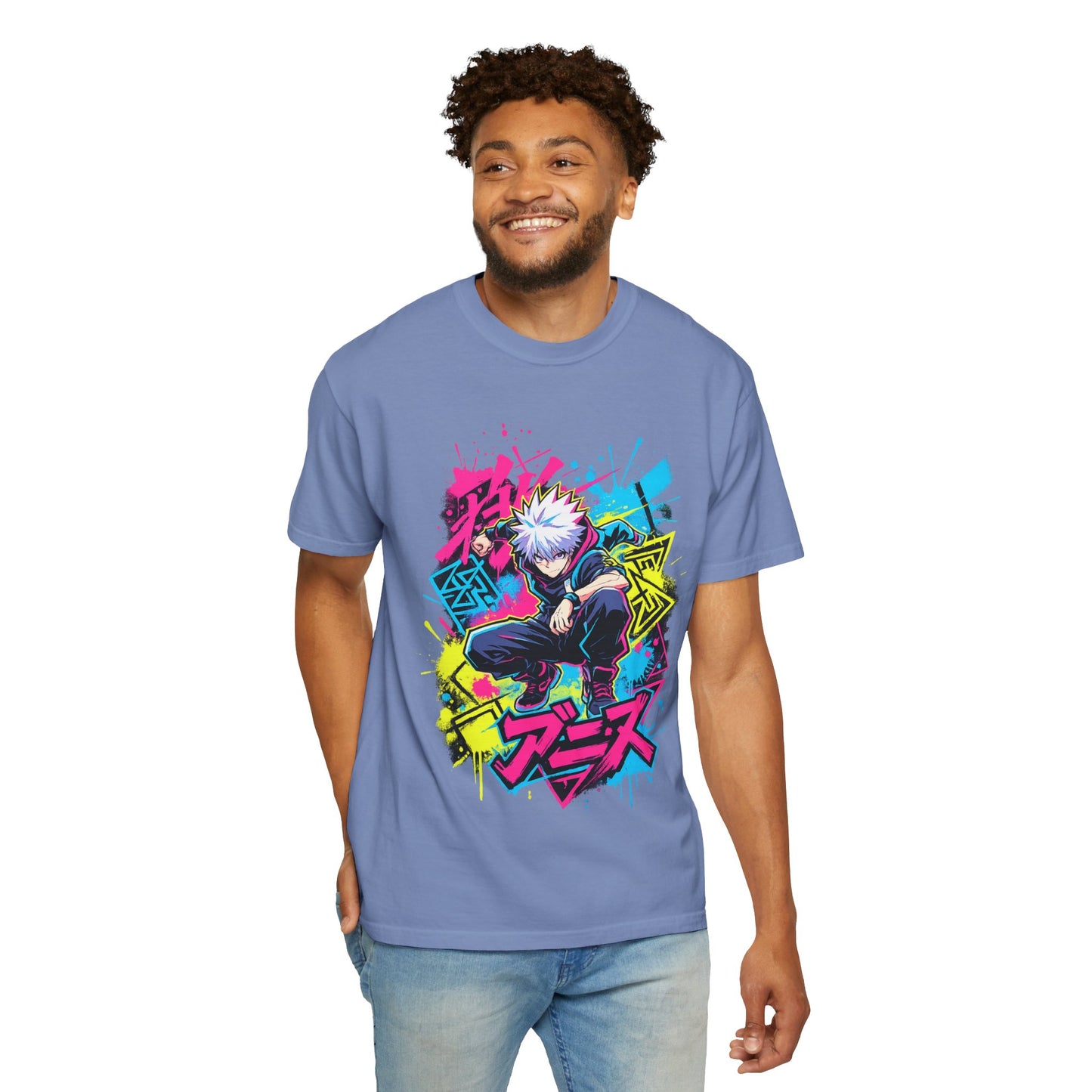 Anime Graphic T-Shirt — Vibrant Neon Jujutsu Kaisen Style Design