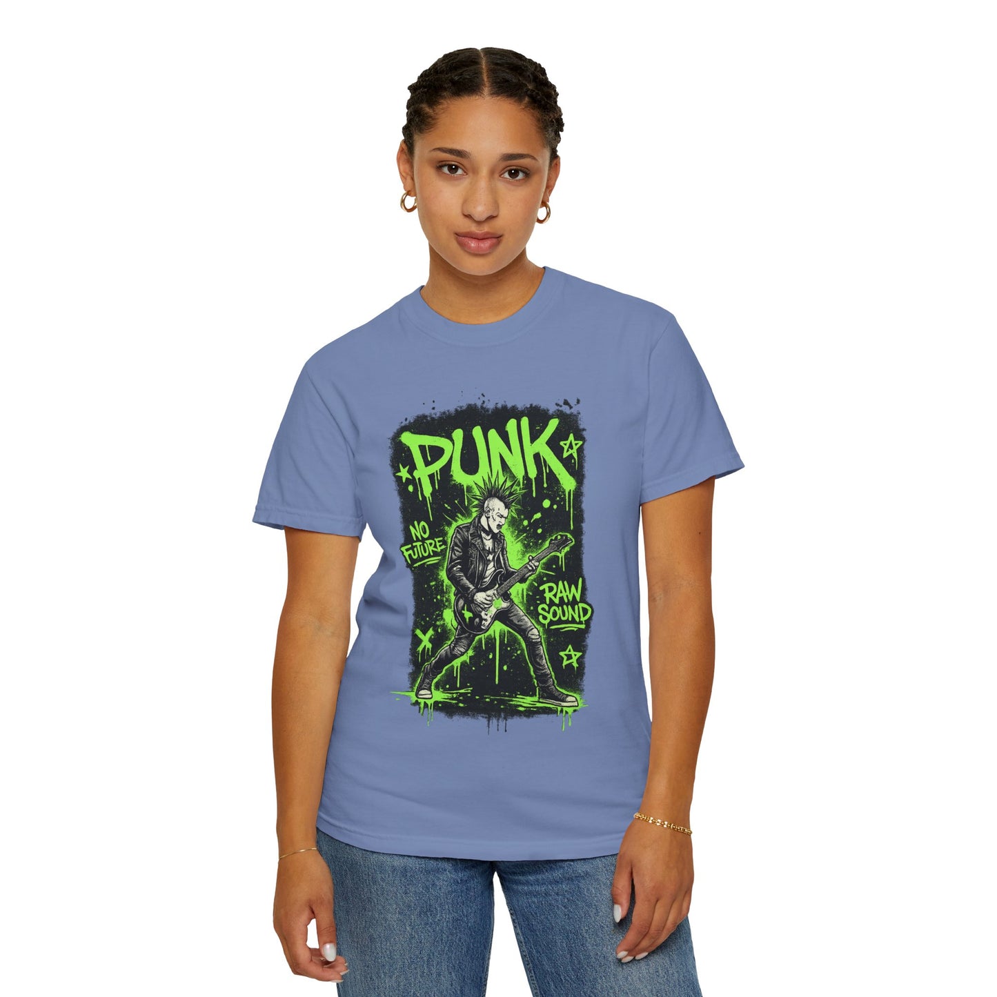 Punk Guitarist Graphic T-Shirt — “PUNK: No Future, Raw Sound” Neon Green Band Tee