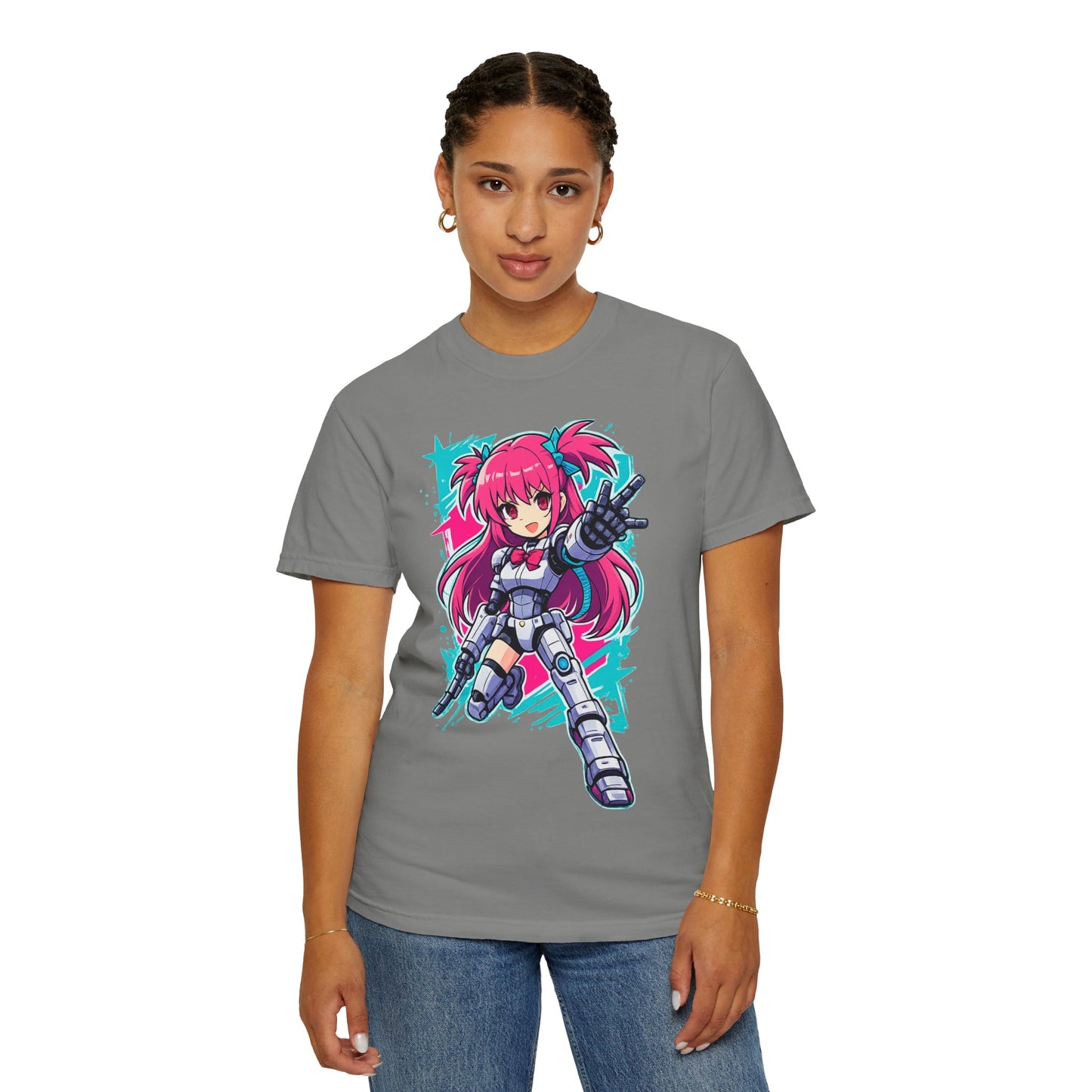 Anime Mecha Girl T-Shirt — Pink Cyberpunk Warrior Tee