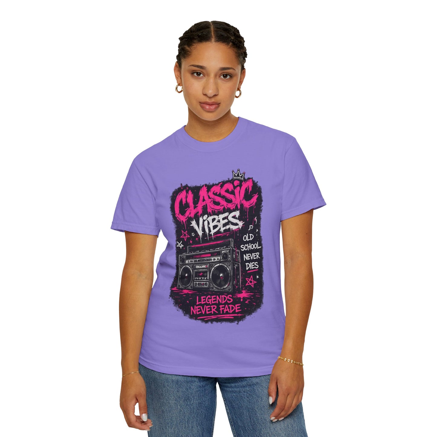 Classic Vibes T-Shirt — 'Legends Never Fade' Retro Boombox Graphic