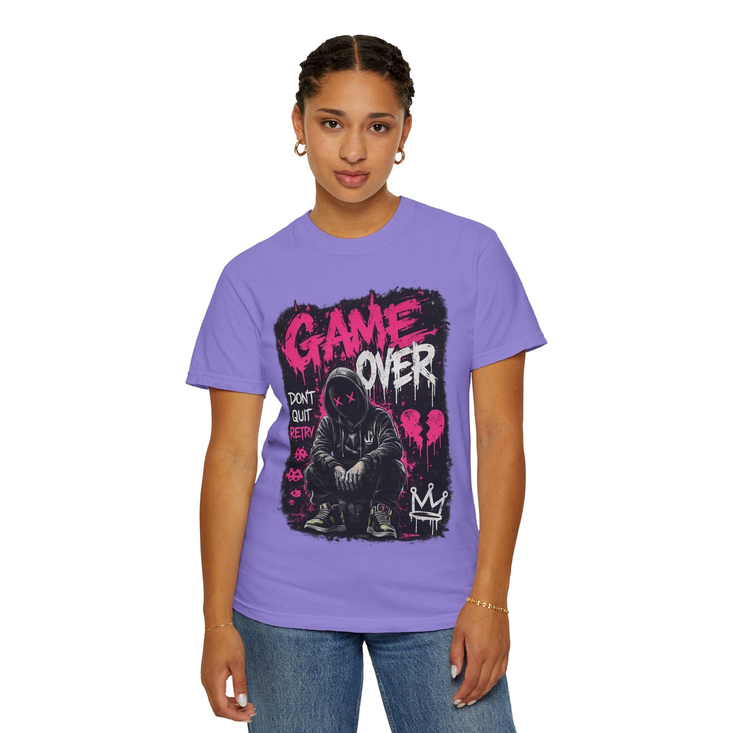Game Over Graphic T-Shirt — Urban Streetwear Tee with Hooded Figure & 'Don't Quit, Retry' Design