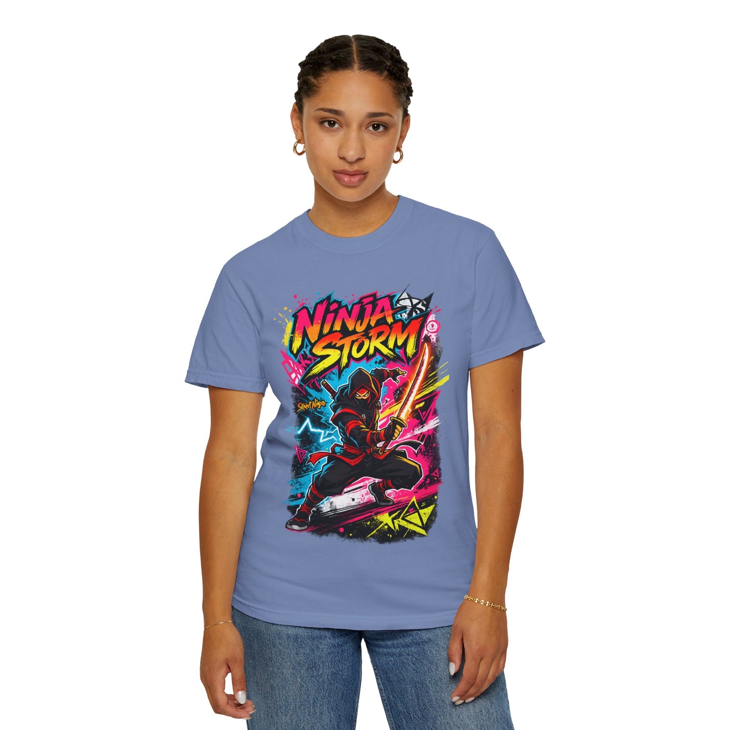 Ninja Storm Graphic T-Shirt — Neon Samurai Surf Design
