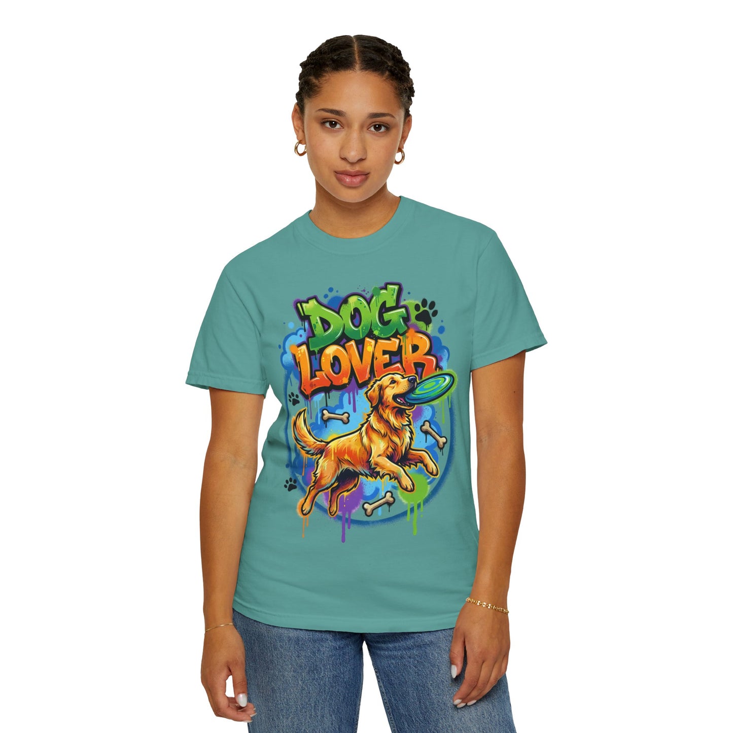 Dog Lover T-Shirt — Colorful Golden Retriever Frisbee Graphic Tee