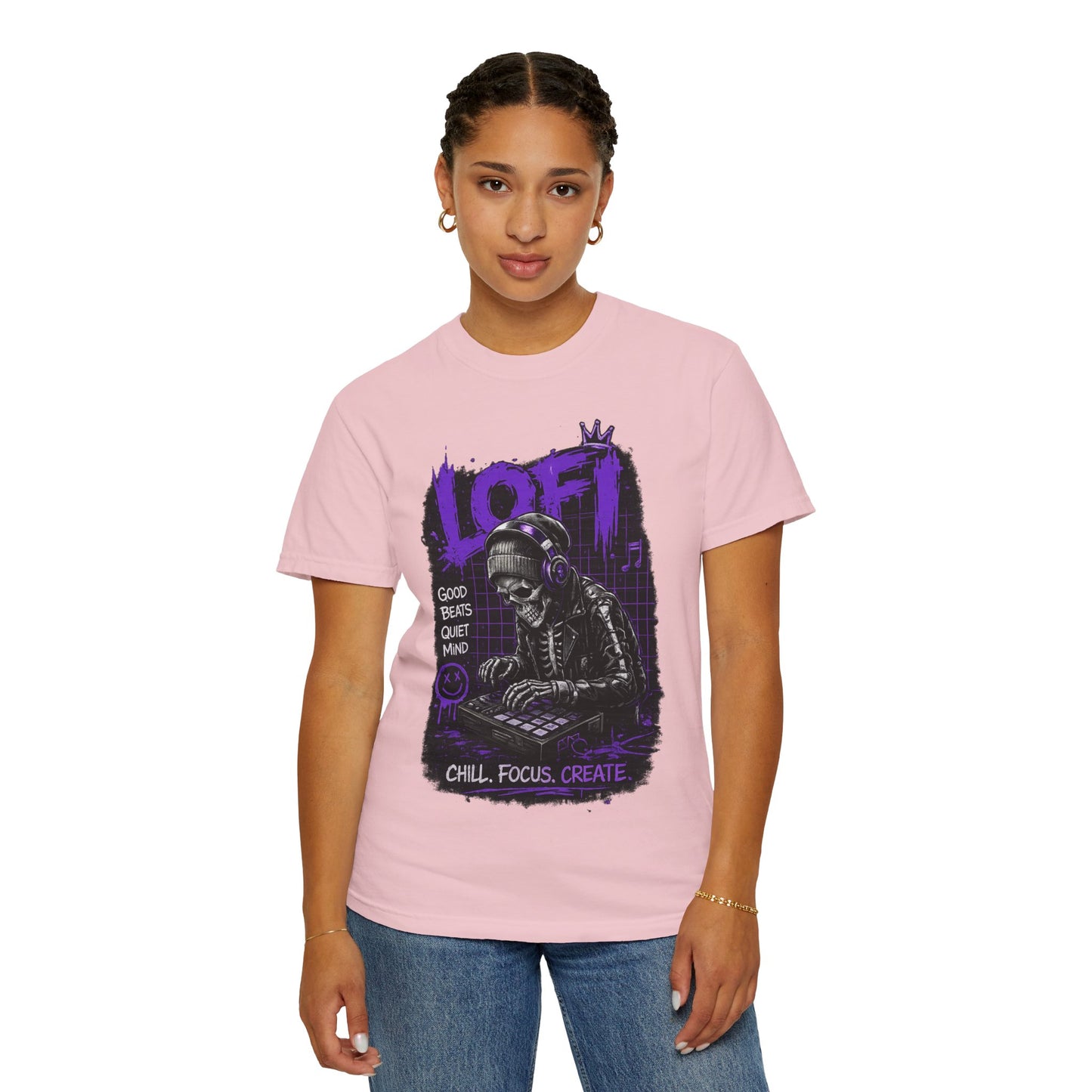 LoFi Skull DJ T-Shirt — "Chill. Focus. Create." Music Graphic Tee for Creators