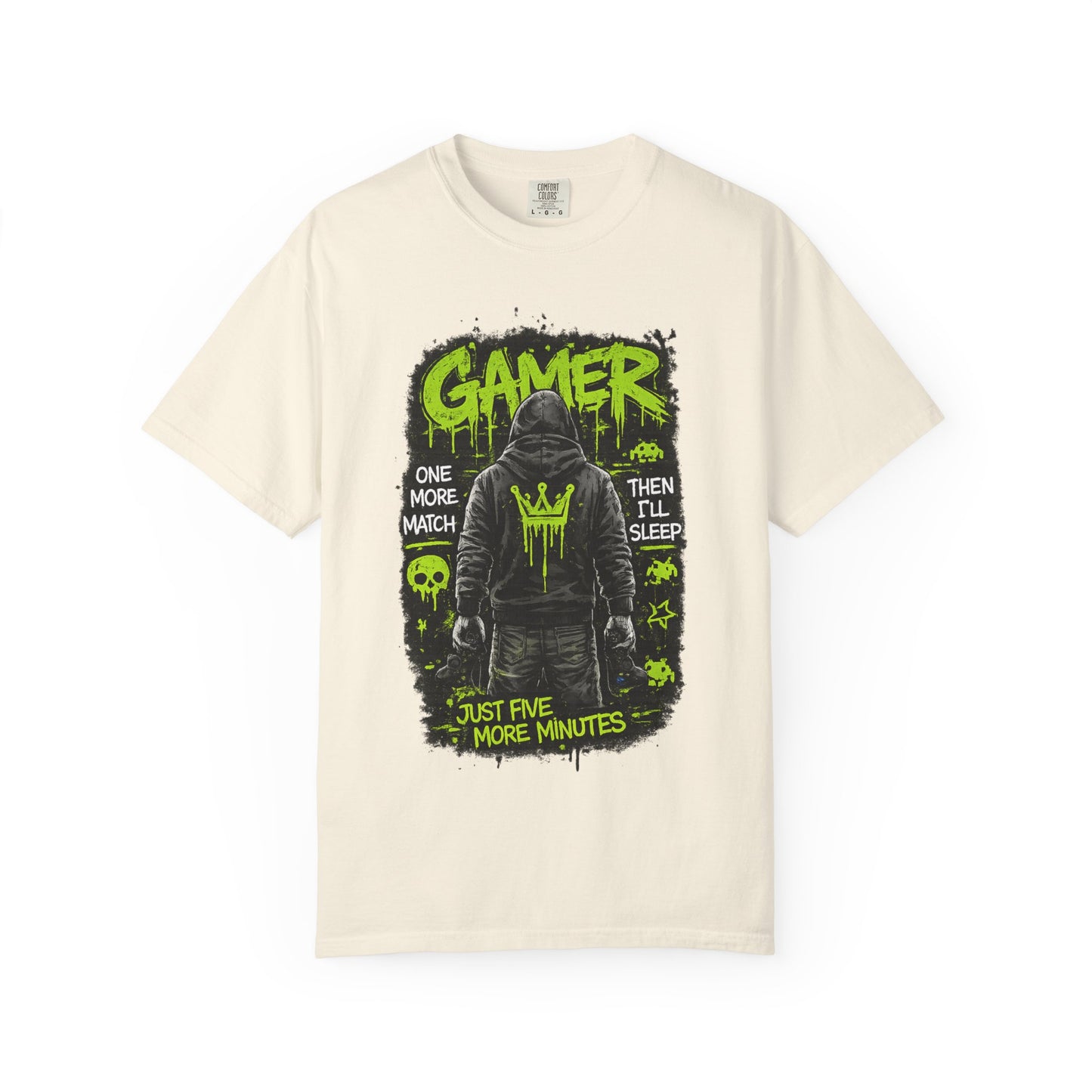 Gamer Hoodie-Style Graphic T-Shirt | Neon Green Skull, 'Just Five More Minutes'