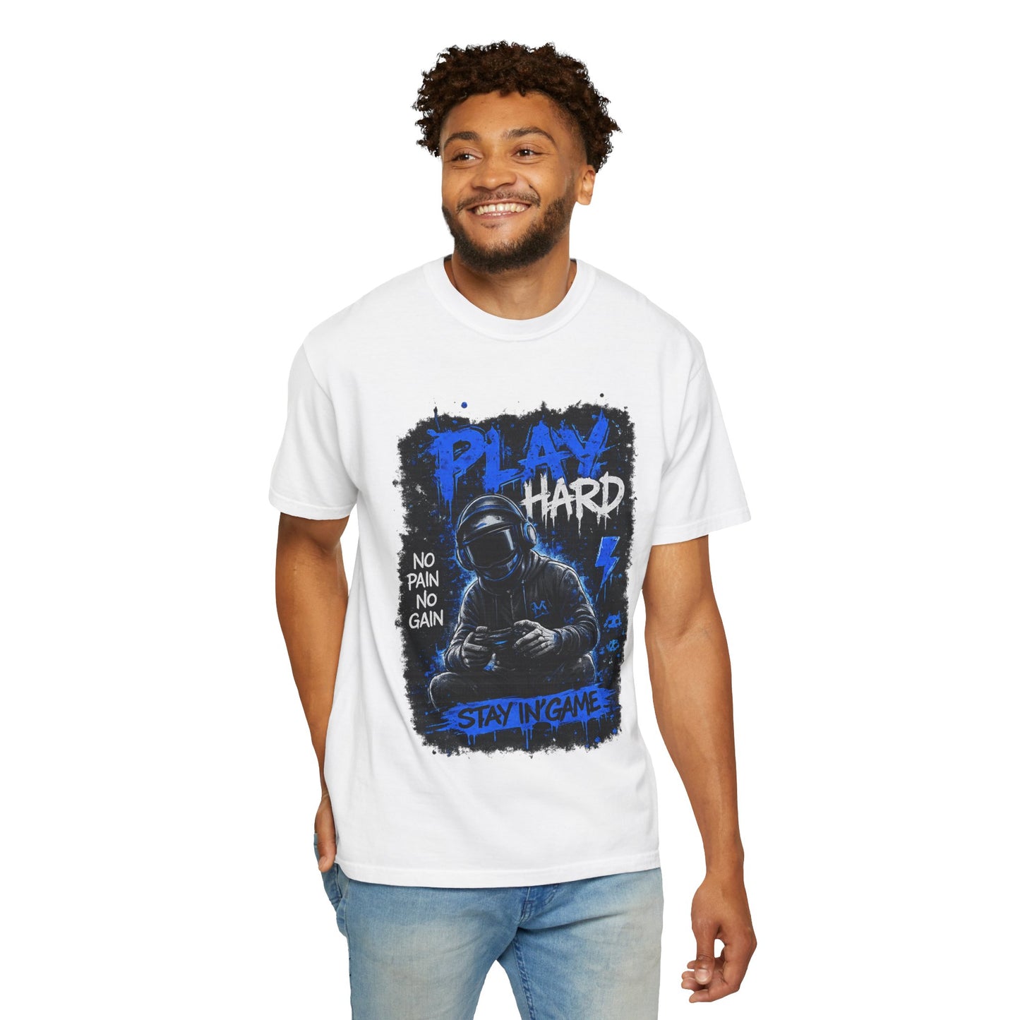 Play Hard Gamer Graphic T-Shirt — "No Pain No Gain" Hooded Player Design