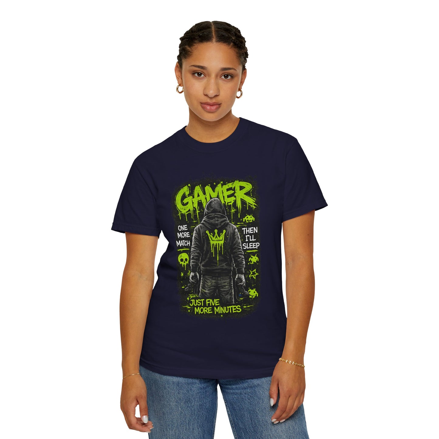 Gamer Hoodie-Style Graphic T-Shirt | Neon Green Skull, 'Just Five More Minutes'