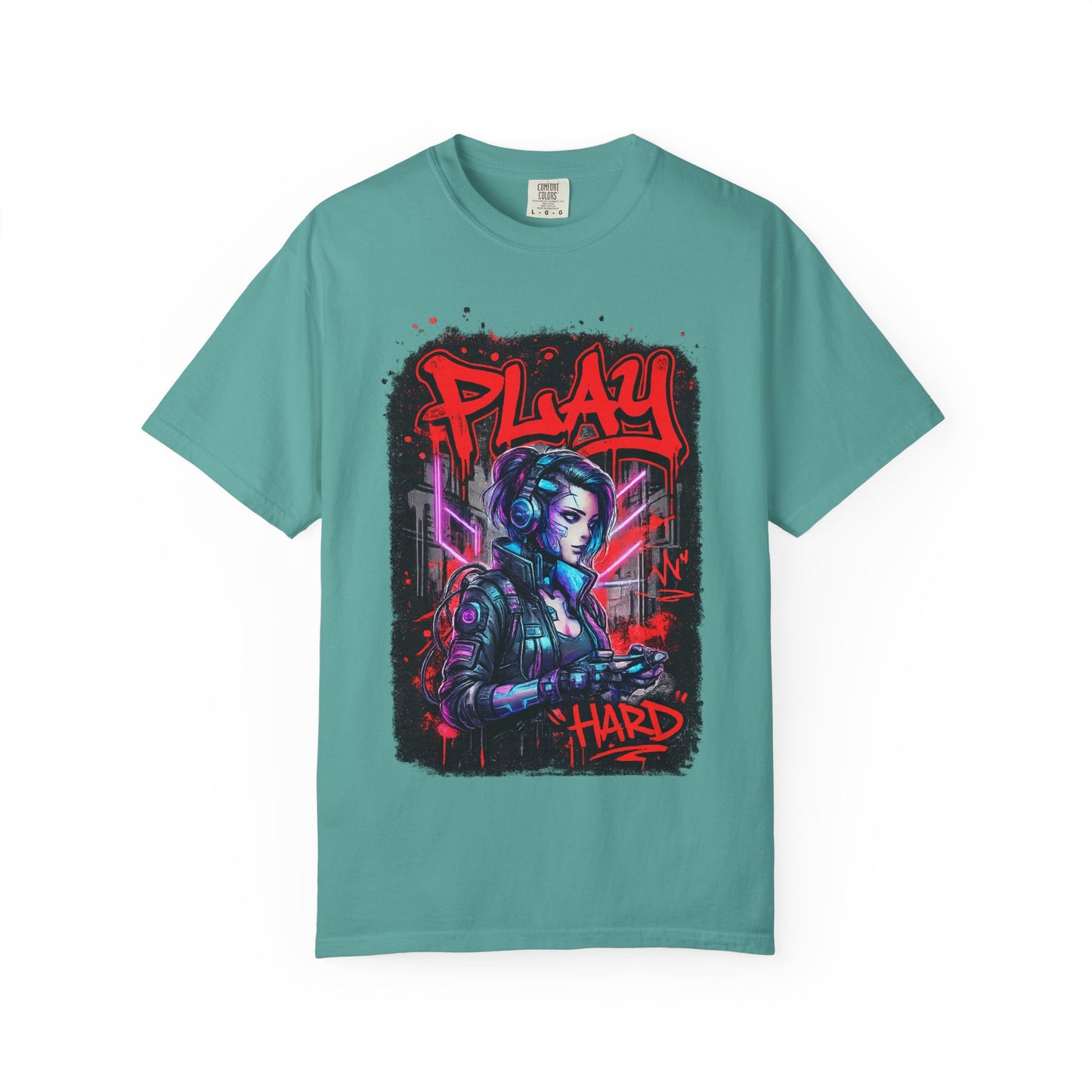 Play Hard Gamer T-Shirt — Neon Cyberpunk Video Game Tee