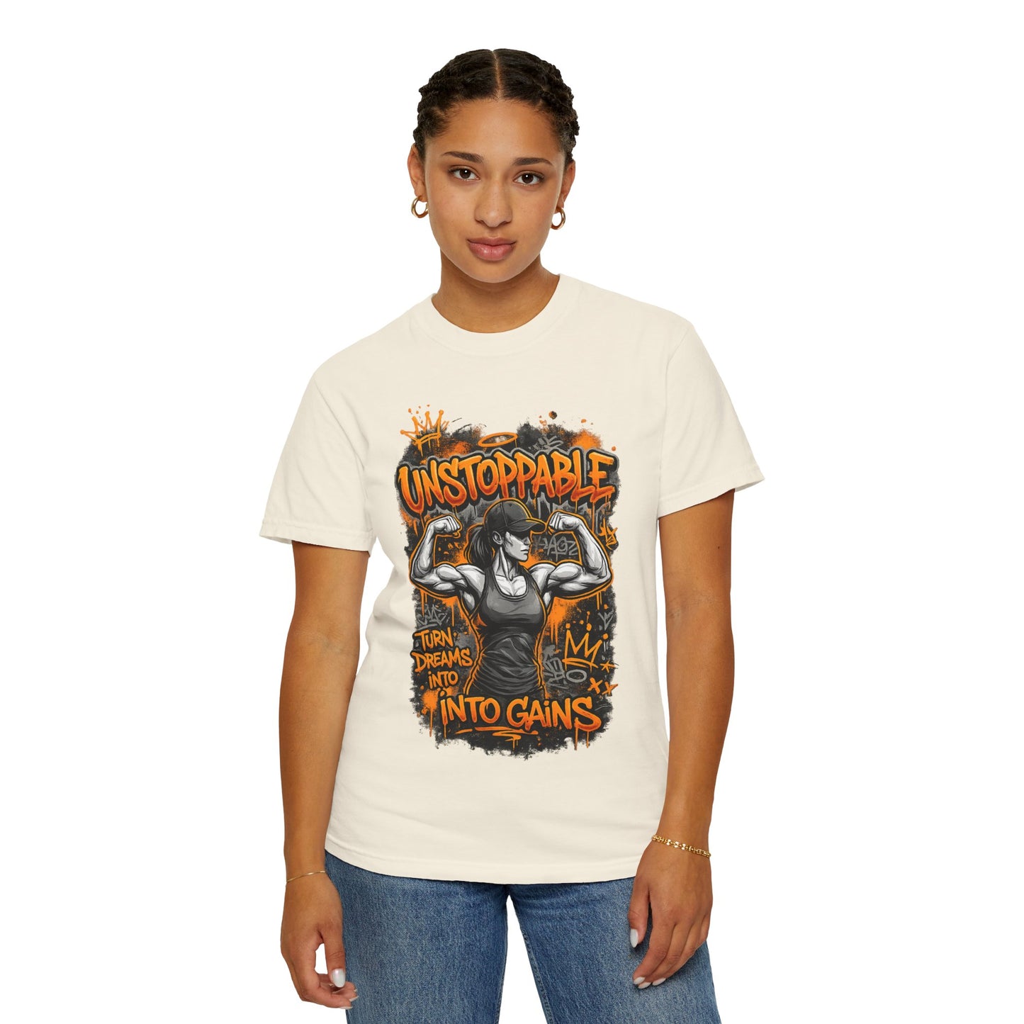 Unstoppable Musclewoman Graphic Tee | Turn Dreams Into Gains T-shirt