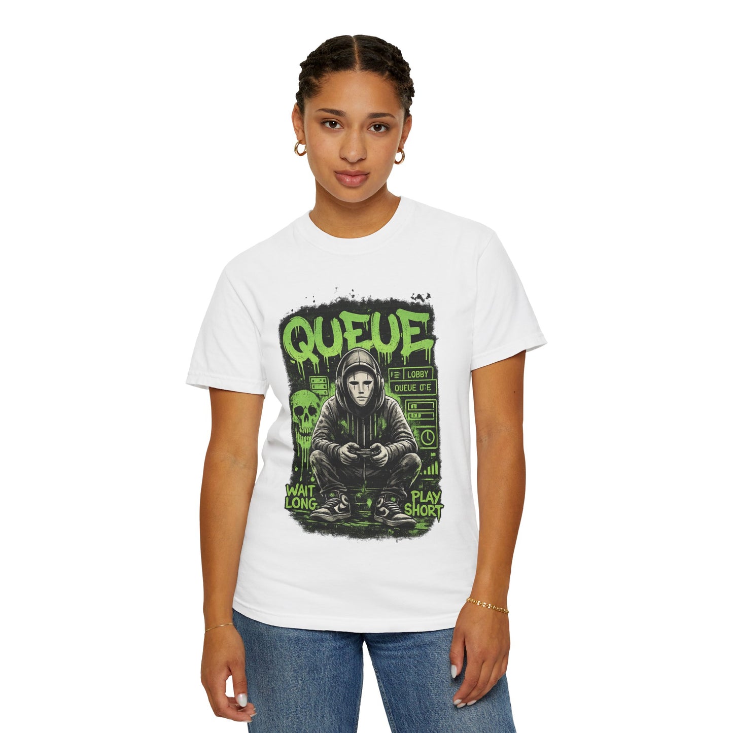 Queue Gamer Hoodie T-Shirt | Waiting Player Graphic Tee, Neon Green Skull Art
