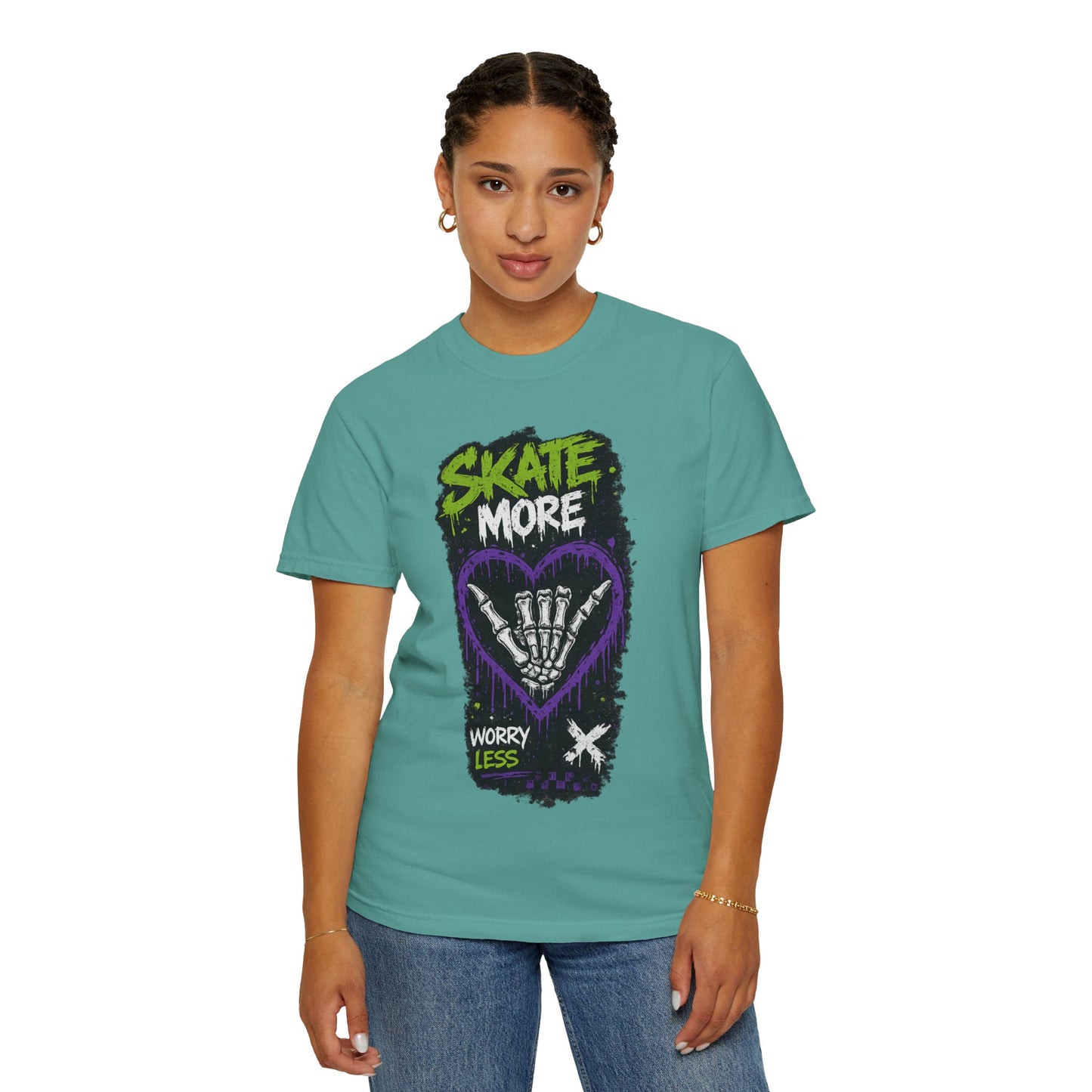 Skate More Worry Less T-Shirt — Skateboard Skeleton Hand Graphic Tee