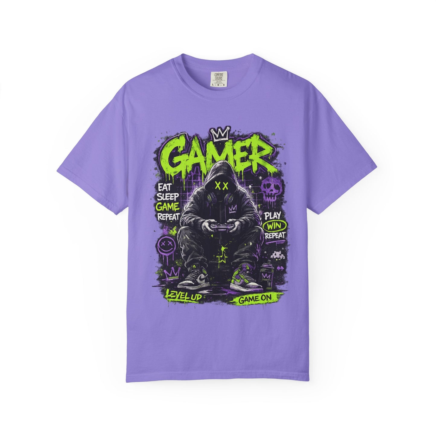 Gamer Hooded Figure Graphic T-Shirt | Neon Green Purple Streetwear