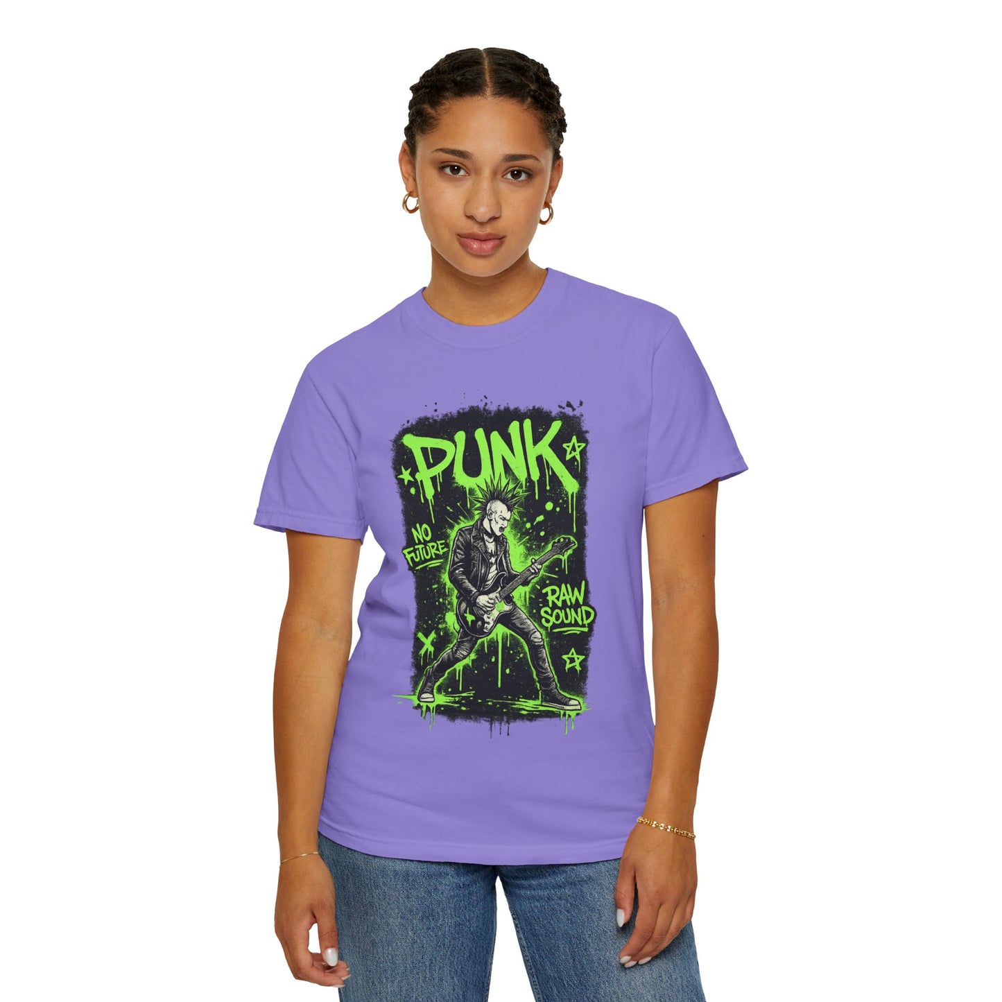 Punk Guitarist Graphic T-Shirt — “PUNK: No Future, Raw Sound” Neon Green Band Tee