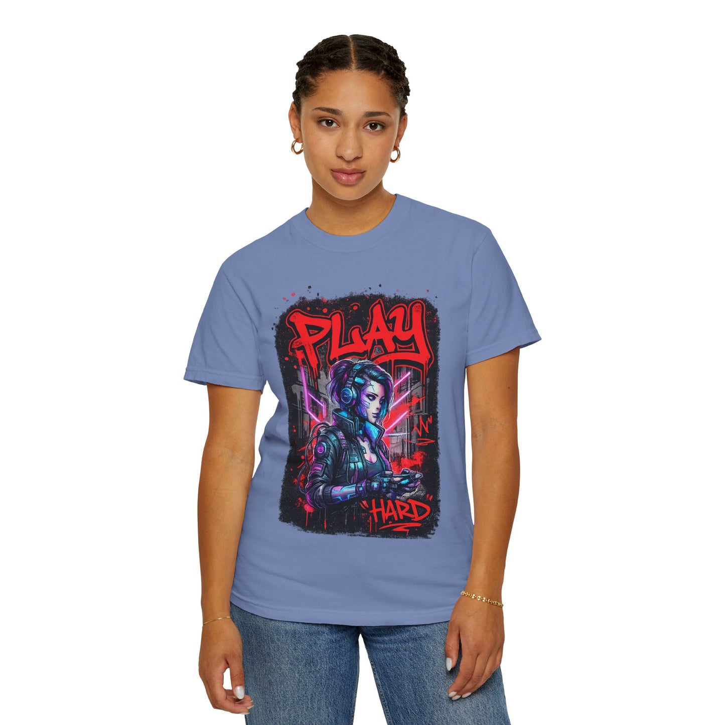 Play Hard Gamer T-Shirt — Neon Cyberpunk Video Game Tee