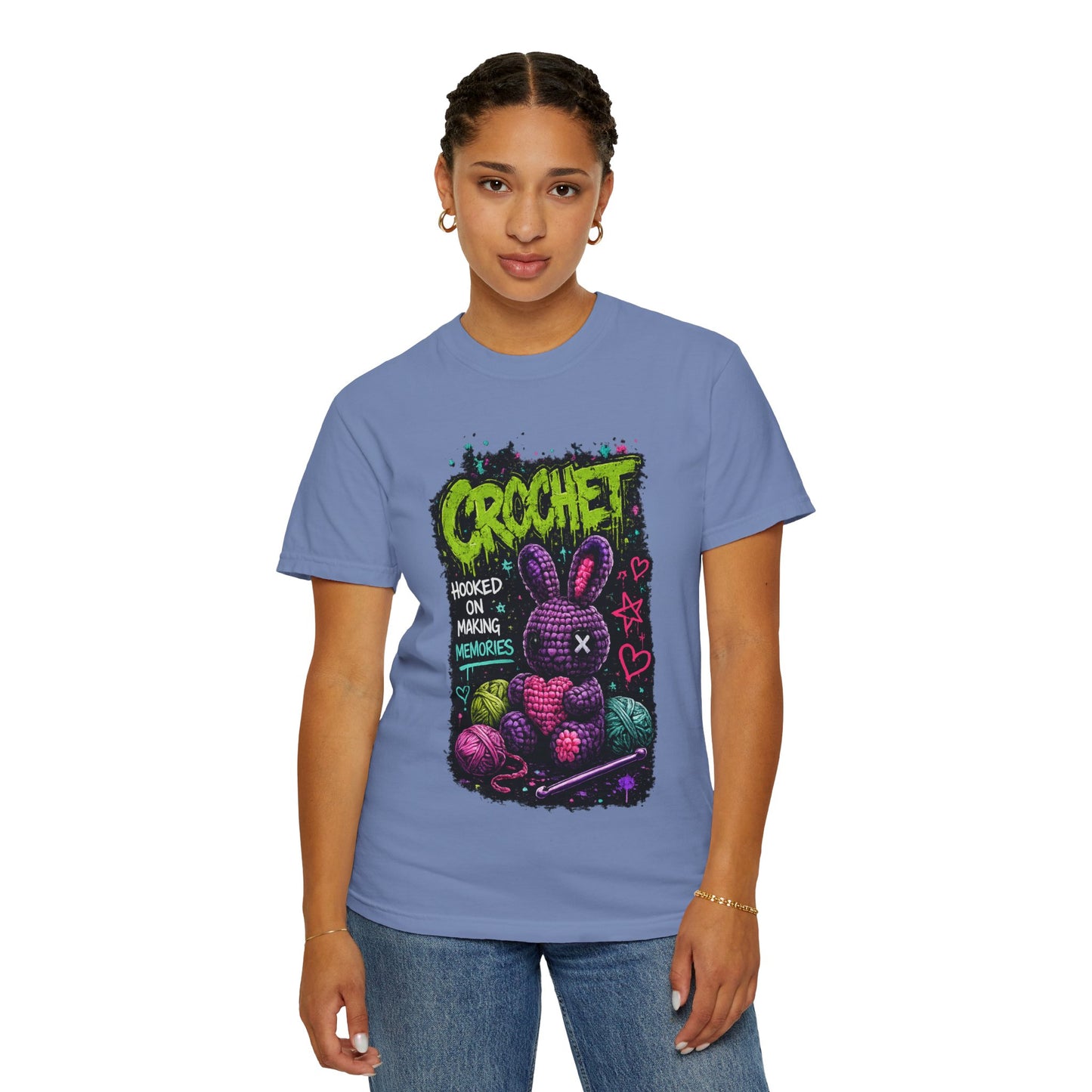 Crochet Bunny Graphic T-Shirt — “Hooked on Making Memories”