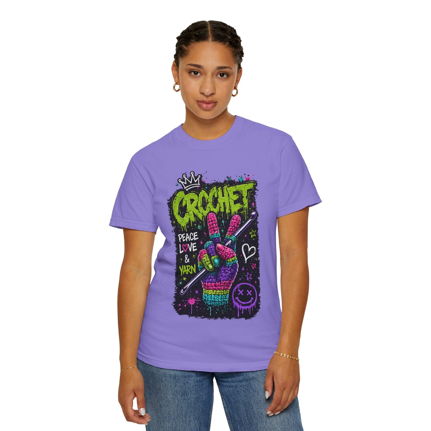 Crochet Peace Sign T-Shirt — "Crochet: Peace, Love & Yarn" Graphic Tee