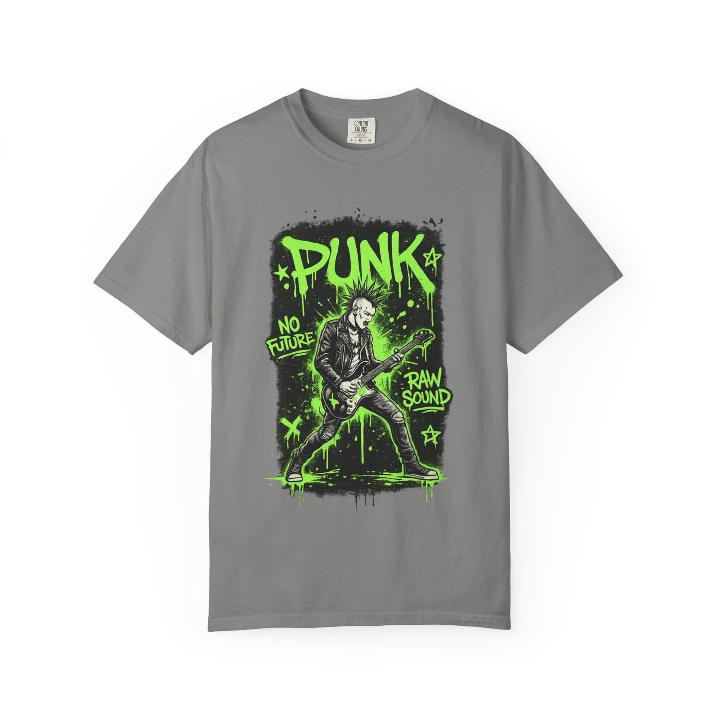 Punk Guitarist Graphic T-Shirt — “PUNK: No Future, Raw Sound” Neon Green Band Tee