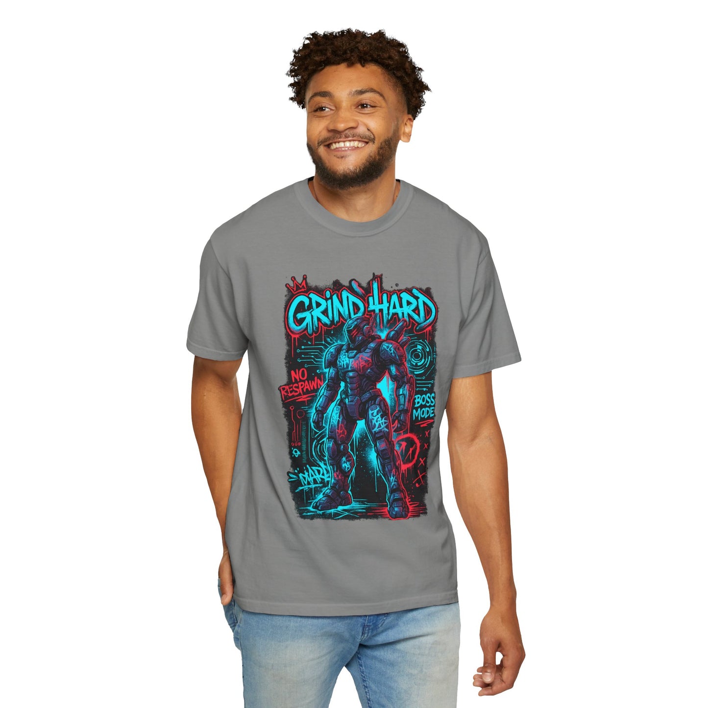 Grind Hard Gamer Warrior T-shirt | Neon Retro Gym Graphic