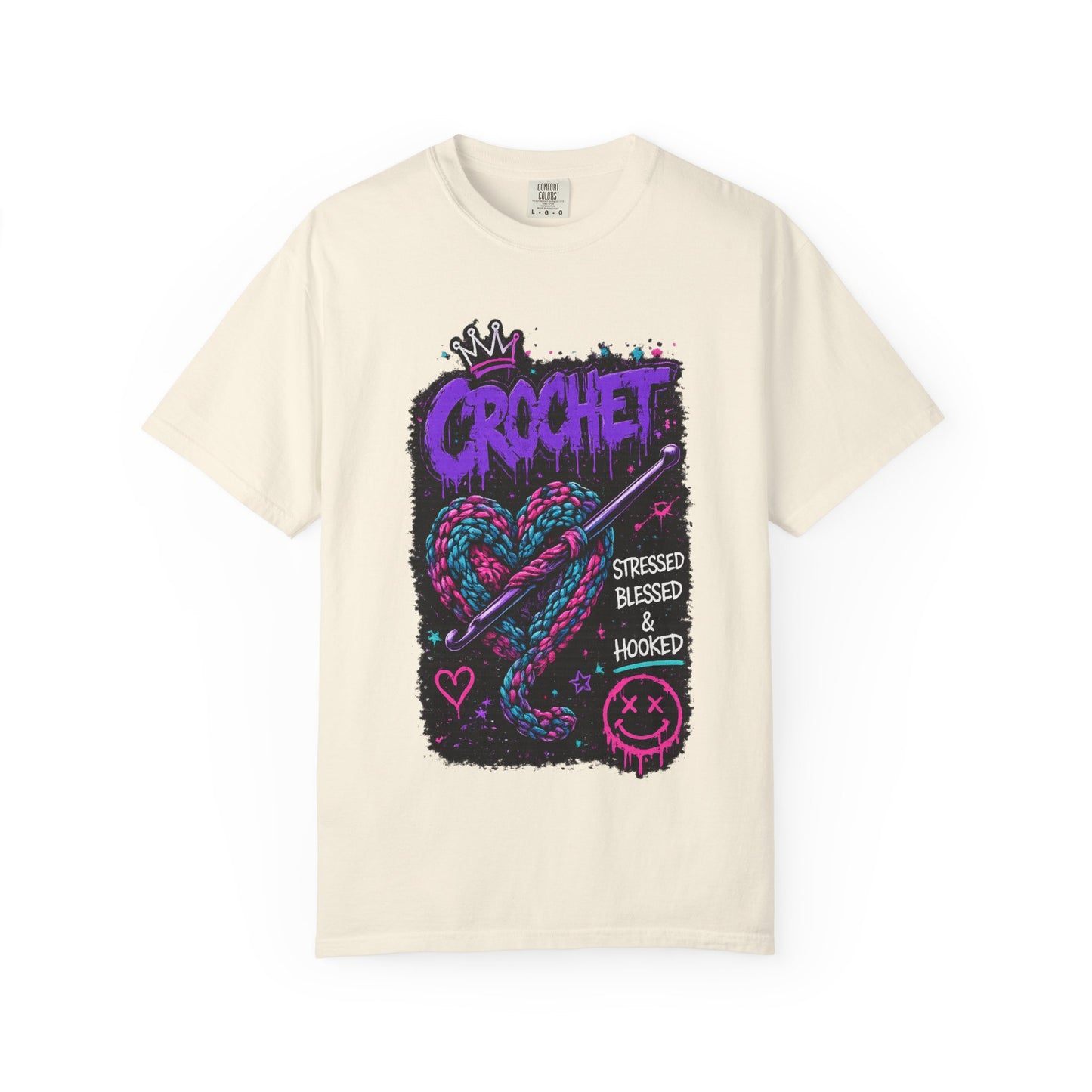Crochet Graphic T-Shirt — "Stressed Blessed & Hooked" Retro Heart Design