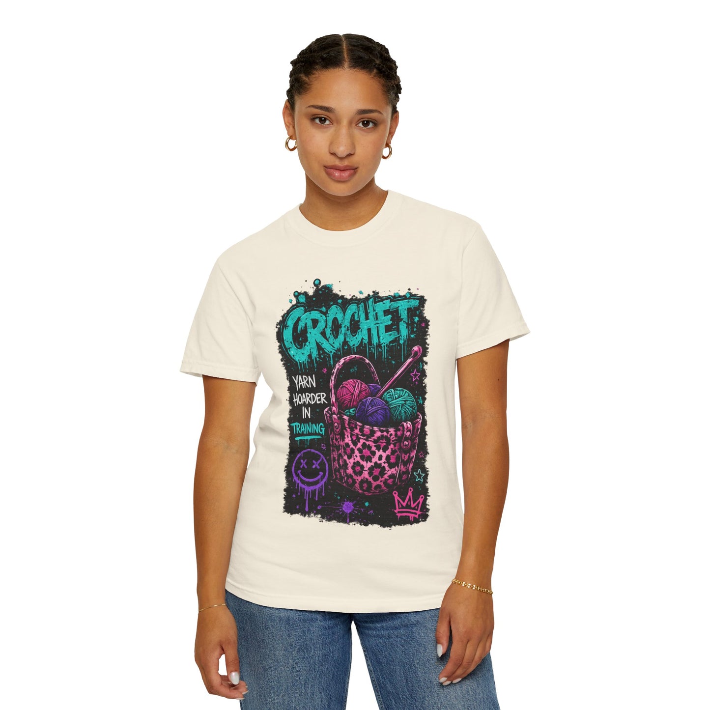 Crochet Crewneck T‑Shirt — "Yarn Harder in Training" Graphic