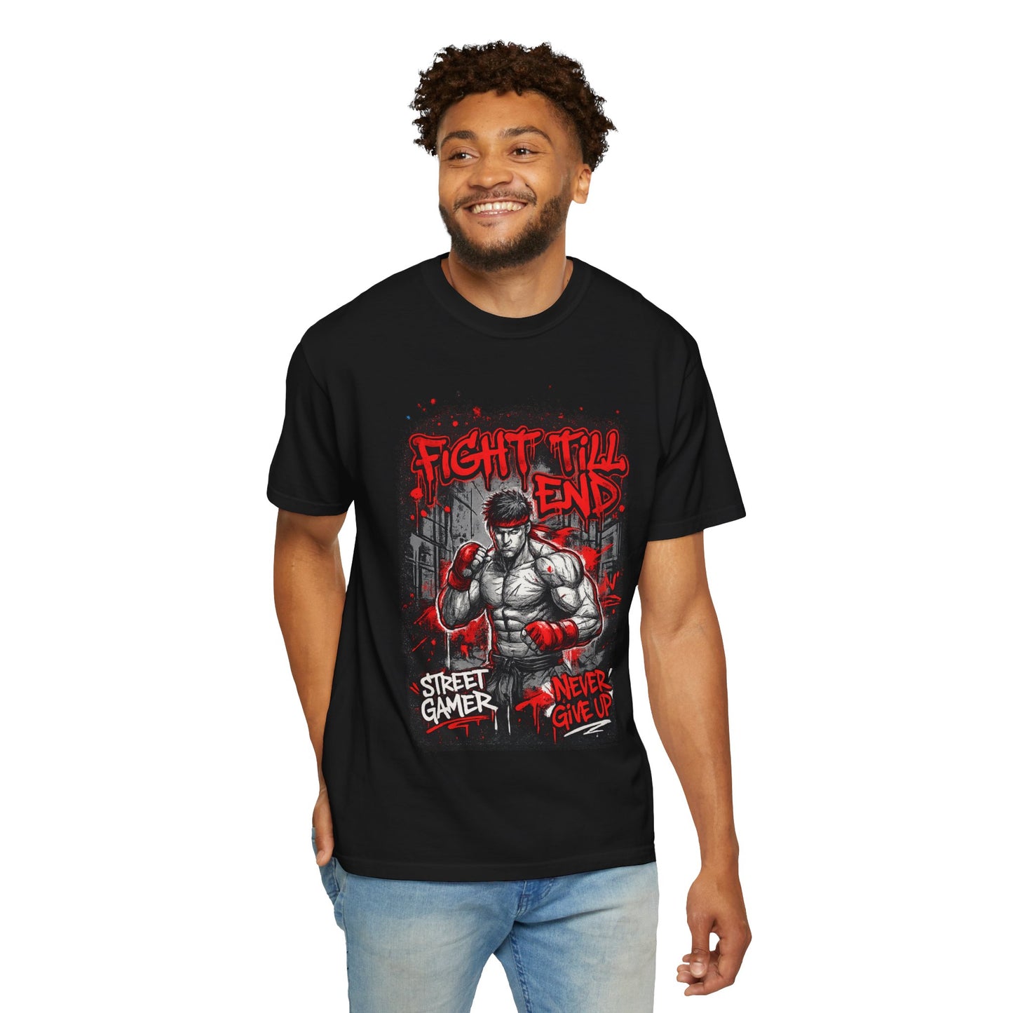 Fight Till End Gamer T-Shirt — 'Street Gamer, Never Give Up' Motivational Tee