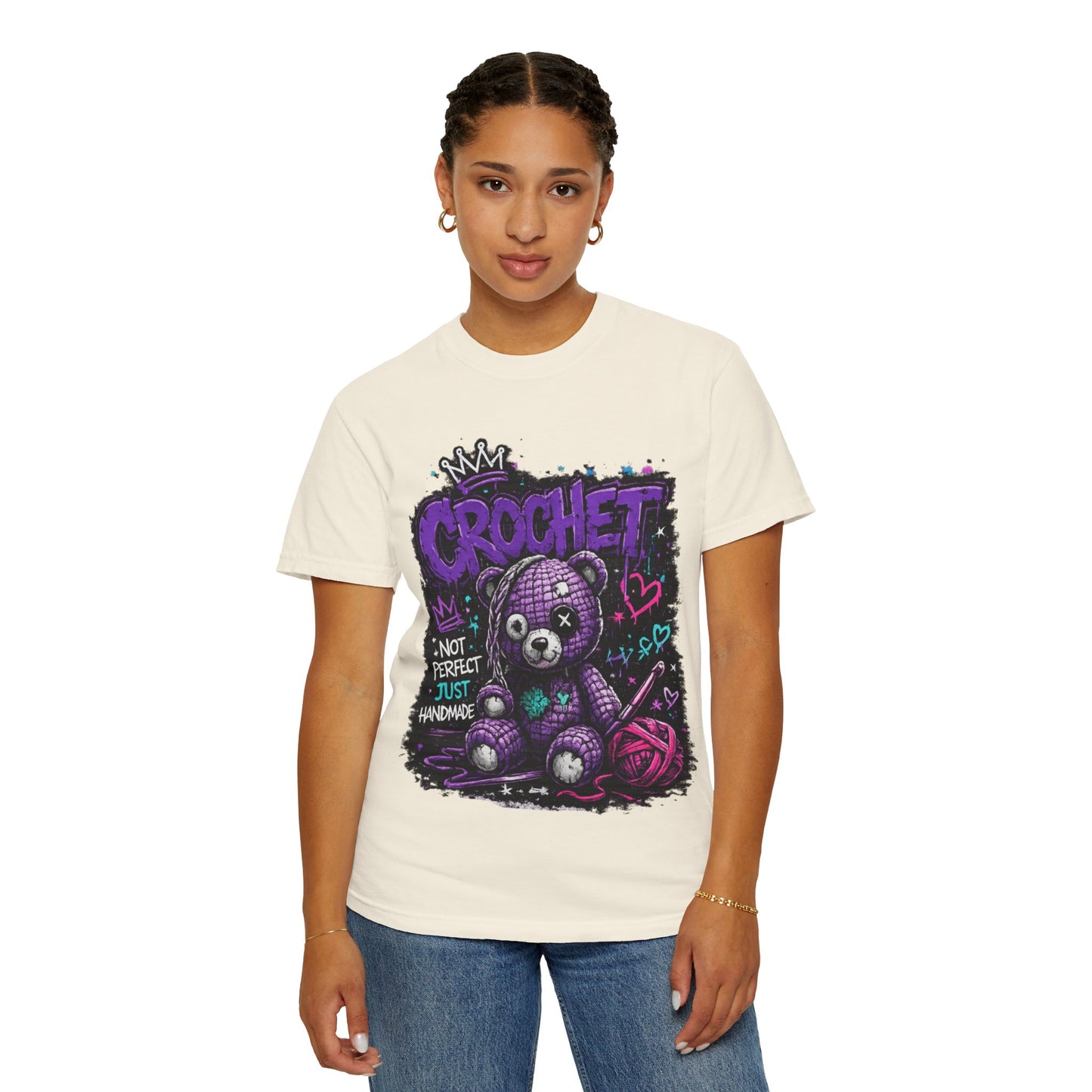 Crochet Teddy T-Shirt — "Not Perfect Just Handmade" Graphic Tee