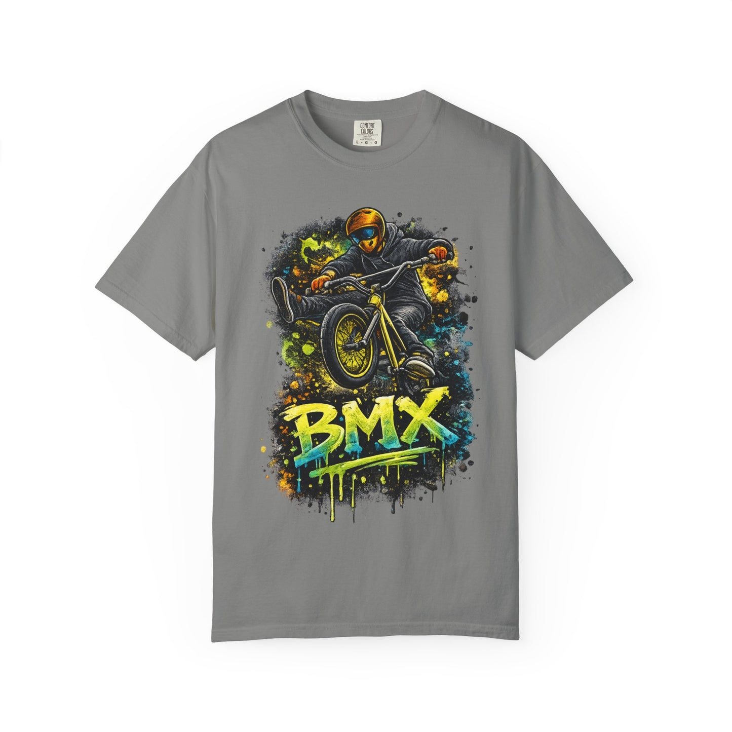 BMX Rider Graphic T-Shirt — Neon Stunt Bike Tee