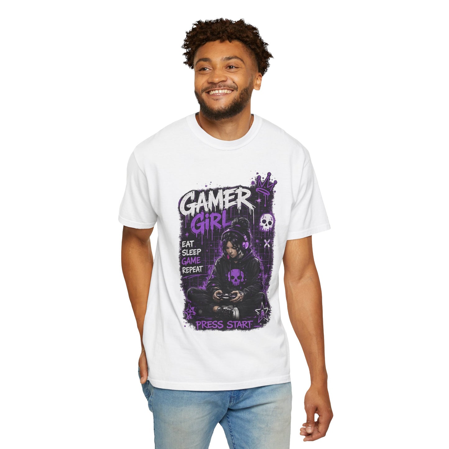 Gamer Girl T-Shirt — Retro Purple Gaming Graphic Tee ("Eat Sleep Game Repeat")