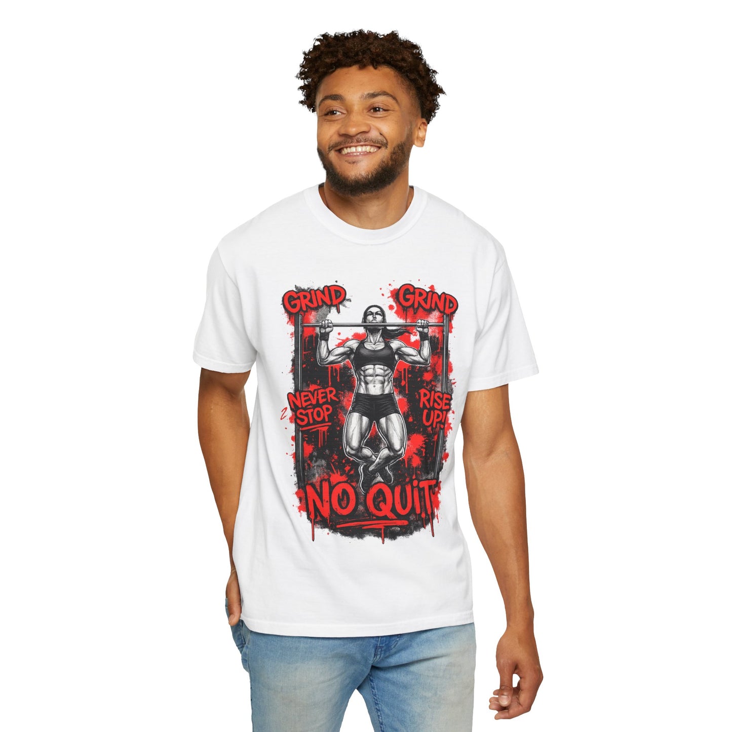No Quit Gym T-Shirt — 'Grind, Never Stop, Rise Up' Motivational Fitness Tee