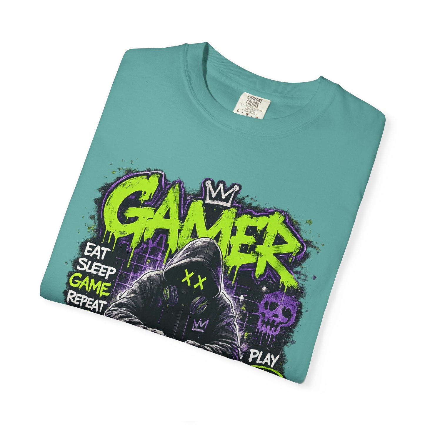 Gamer Hooded Figure Graphic T-Shirt | Neon Green Purple Streetwear
