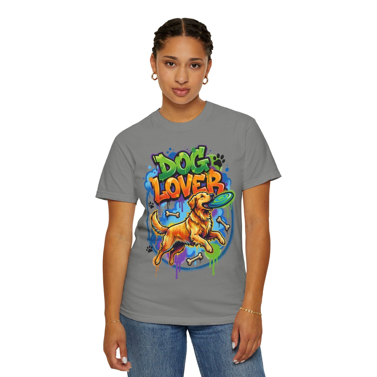 Dog Lover T-Shirt — Colorful Golden Retriever Frisbee Graphic Tee