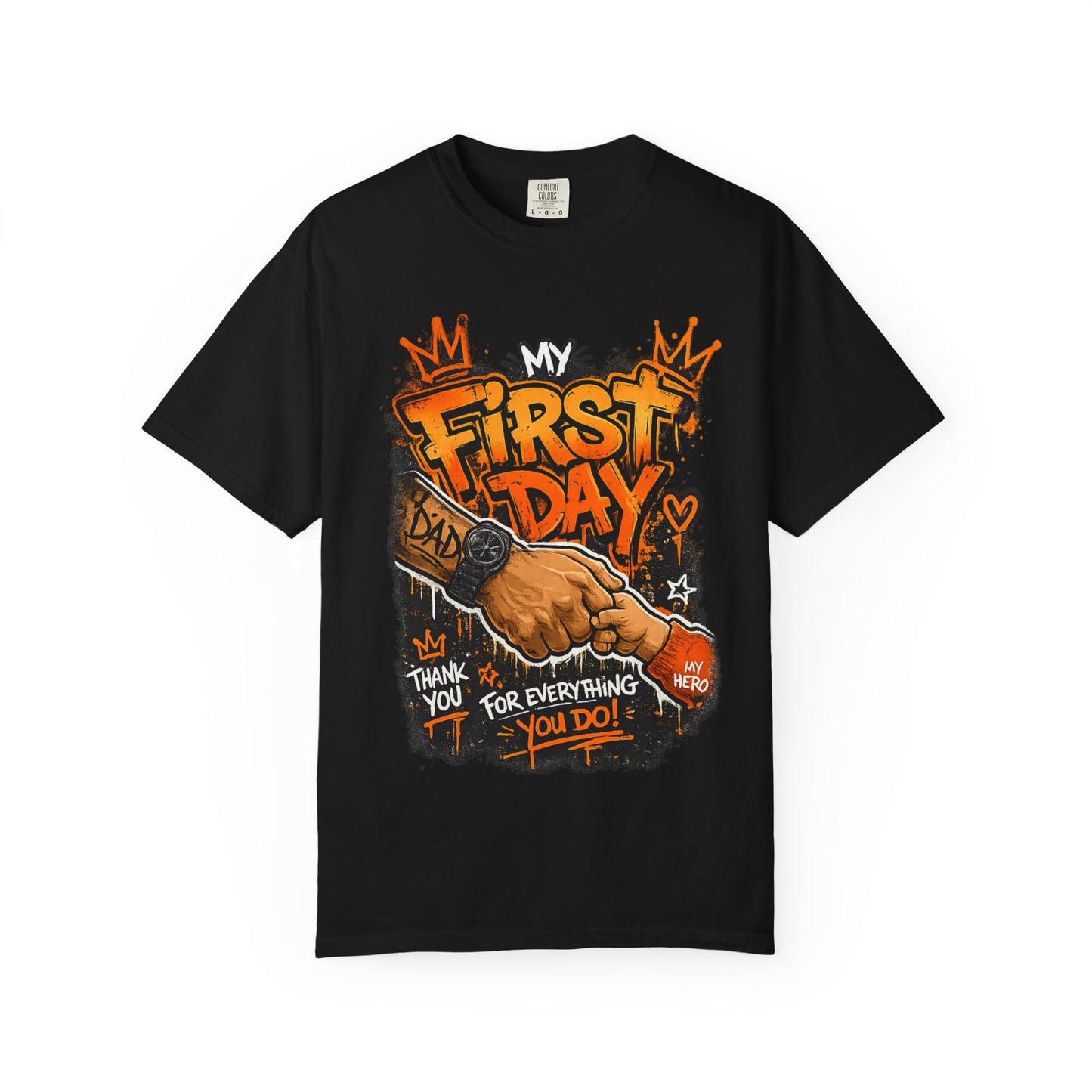 My First Day graphic T-shirt | Thank You Dad, hand shake illustration