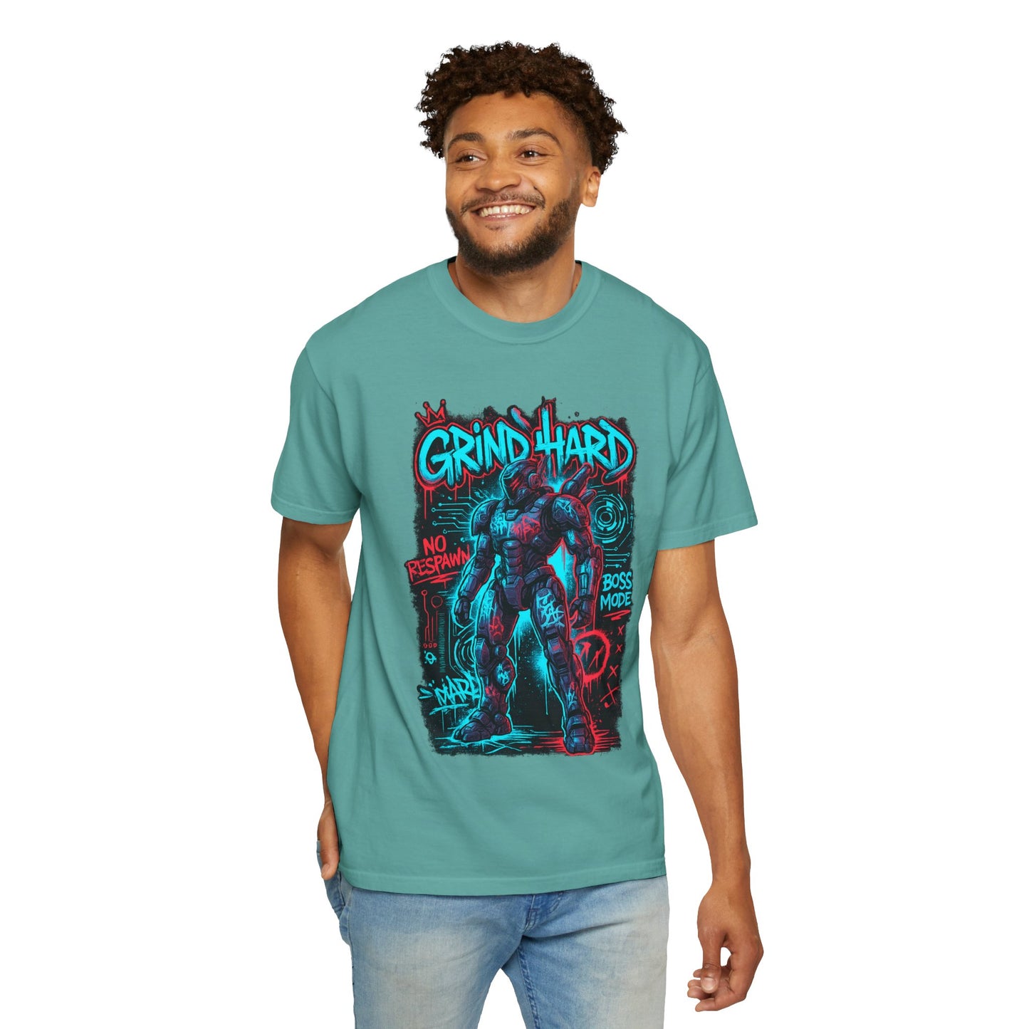 Grind Hard Gamer Warrior T-shirt | Neon Retro Gym Graphic