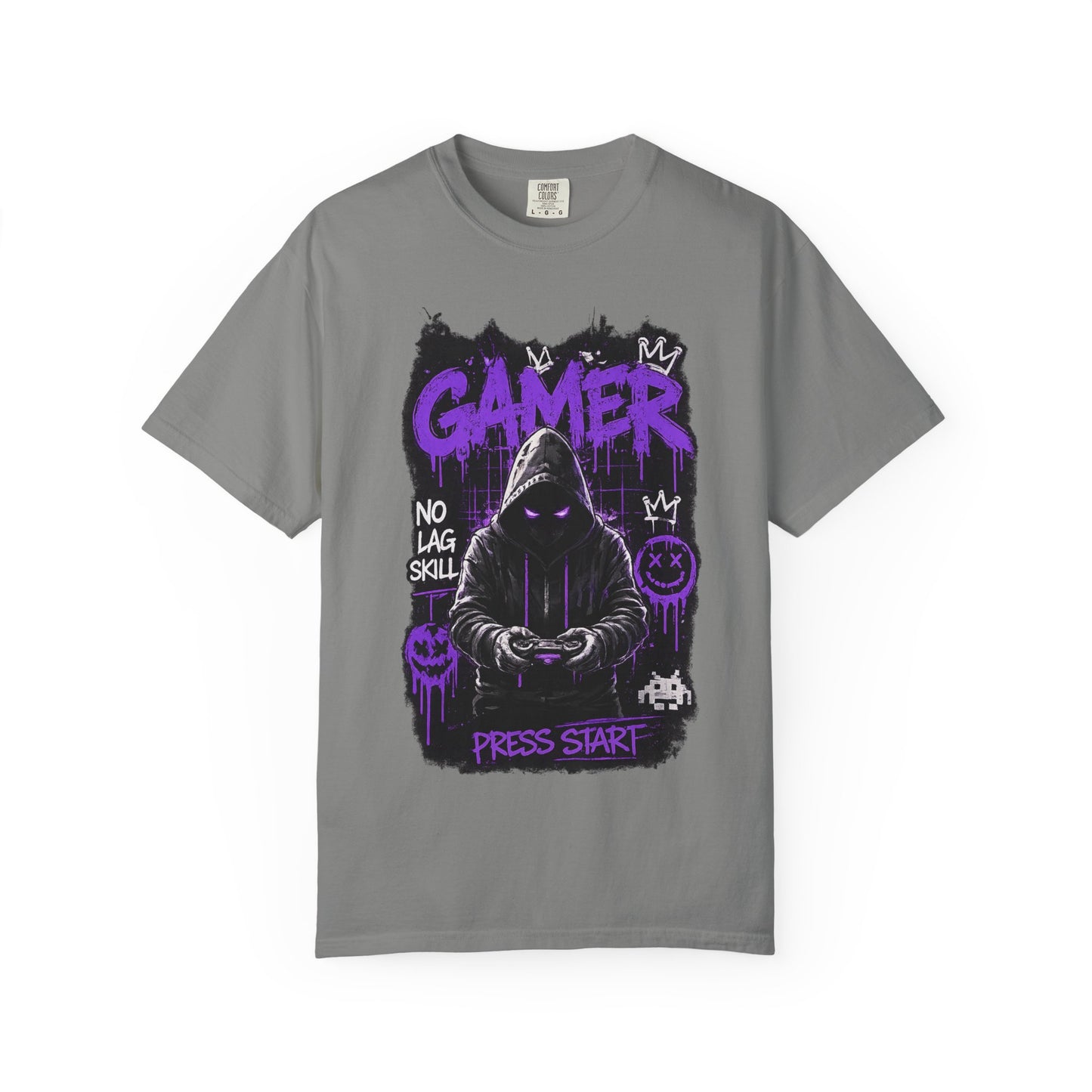 Gamer Hoodie Skull T‑Shirt — 'GAMER' Purple Graphic Press Start Tee