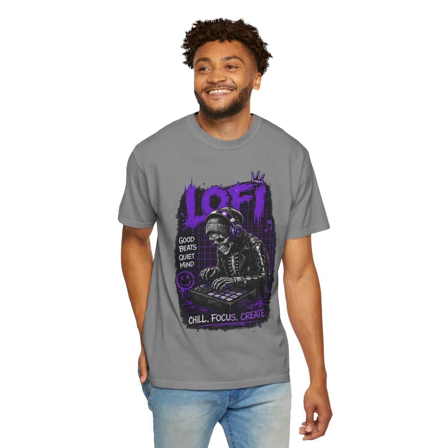 LoFi Skull DJ T-Shirt — "Chill. Focus. Create." Music Graphic Tee for Creators