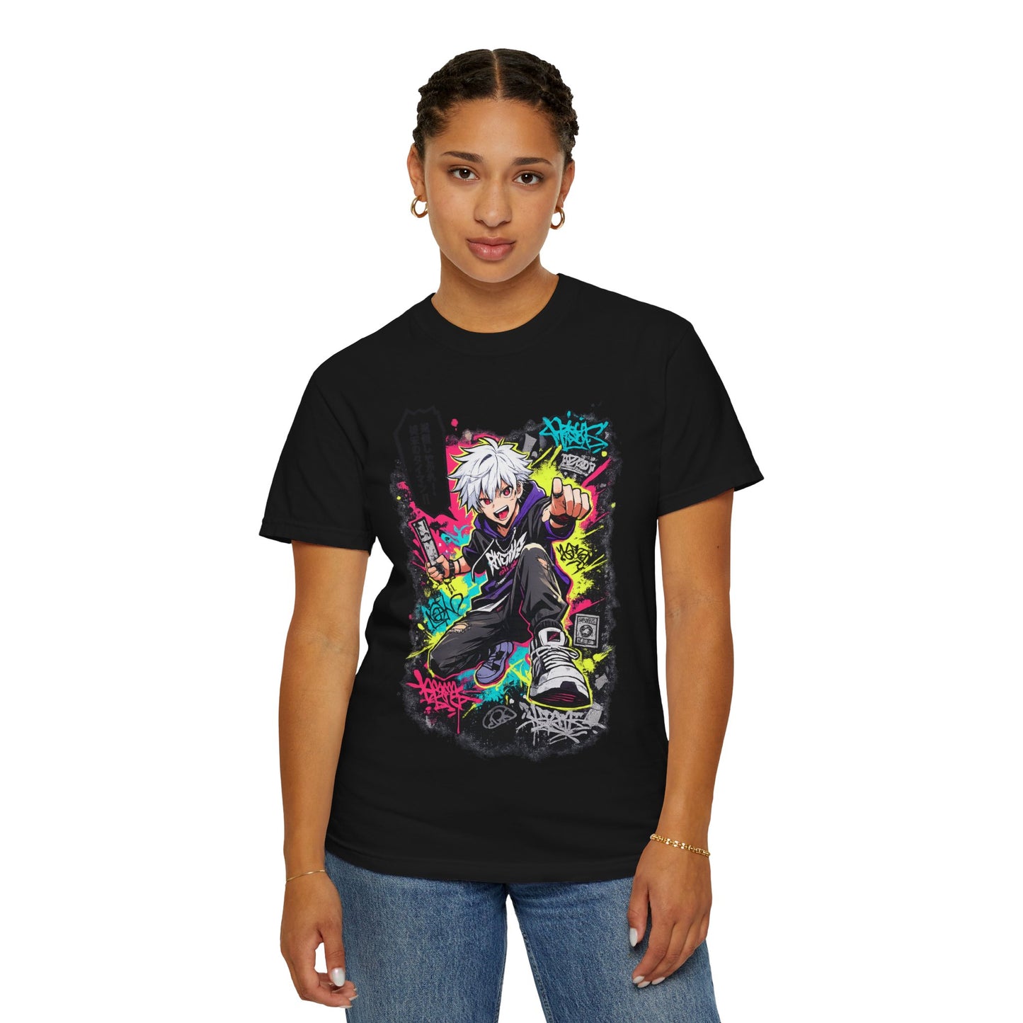 Anime Streetwear T-Shirt — Neon Urban Character Design with Japanese Text