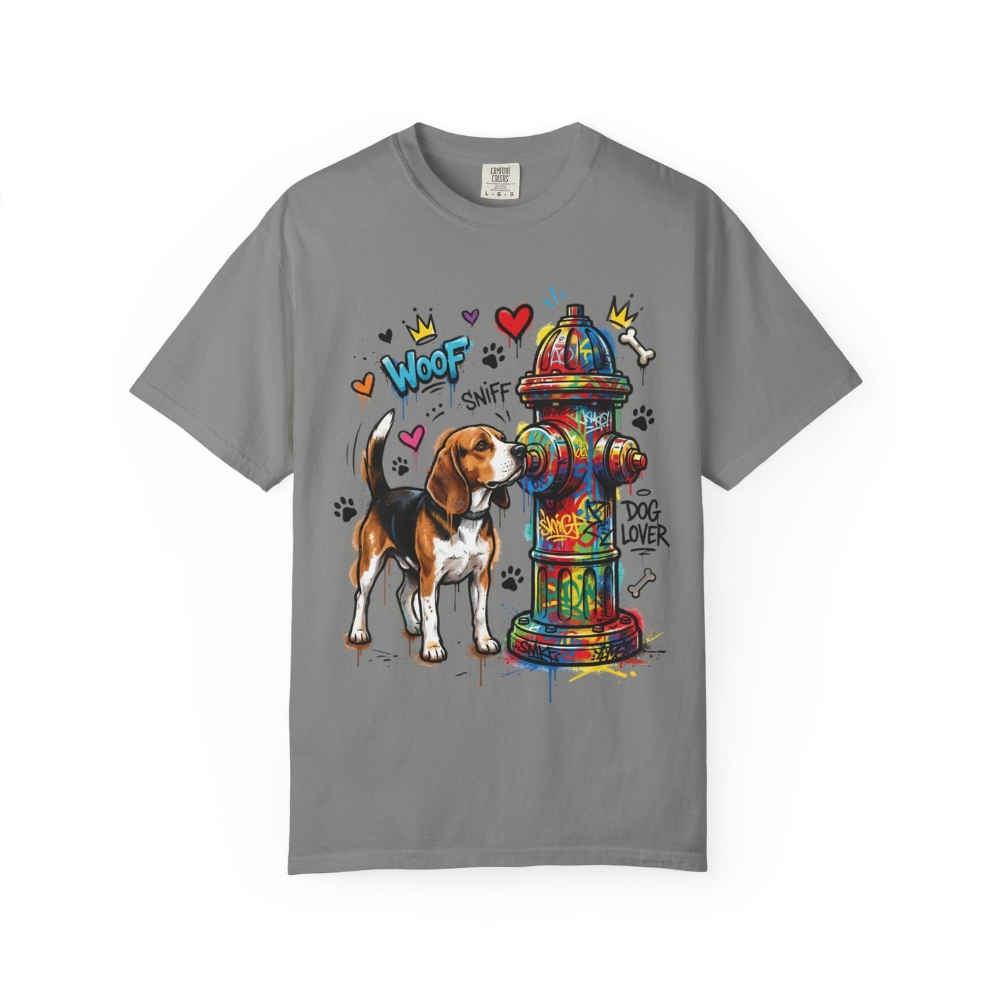 Beagle Dog Lover T-Shirt — Colorful Hydrant & 'Woof Sniff' Graphic