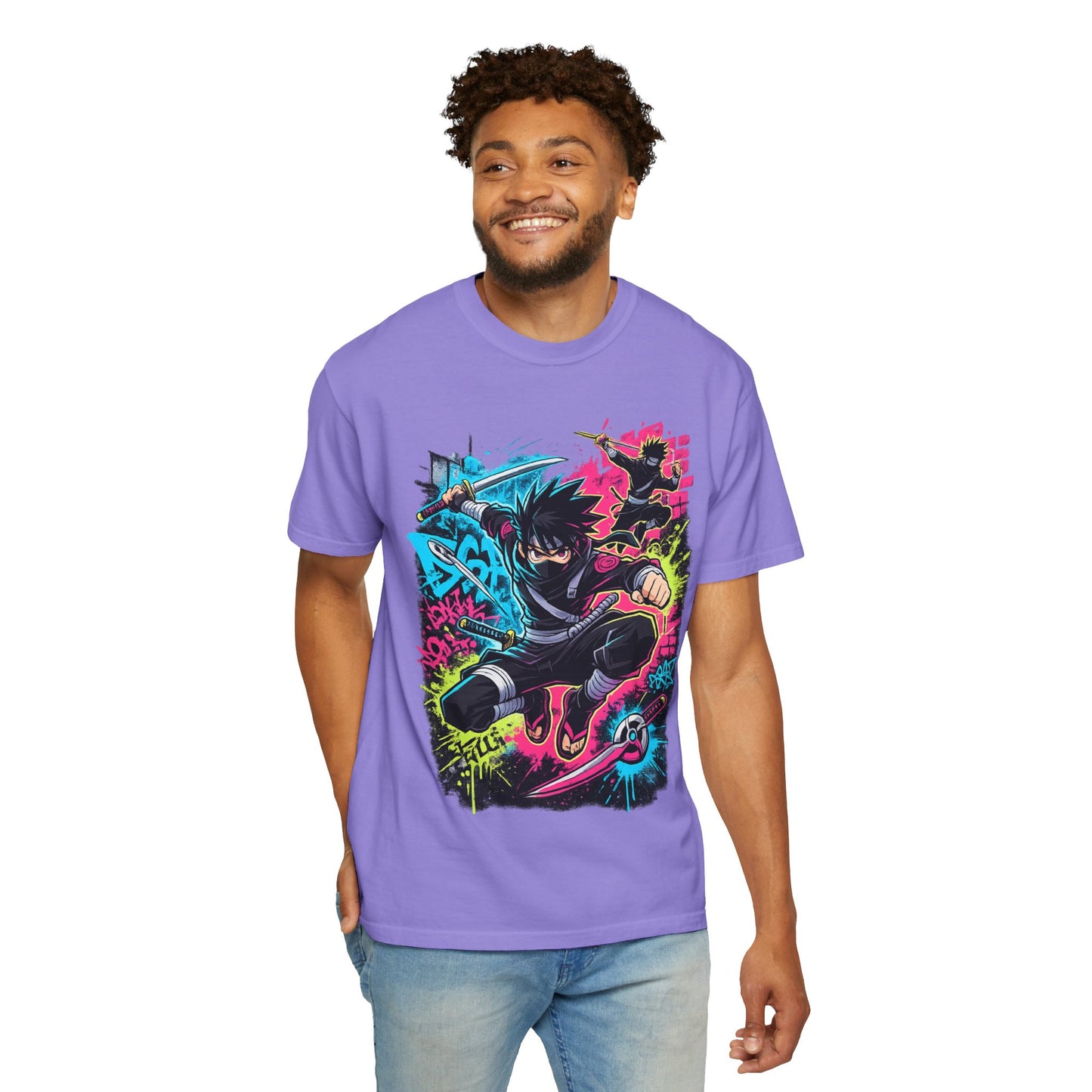 Anime Ninja Street Art T-Shirt — Neon Graffiti Graphic Tee