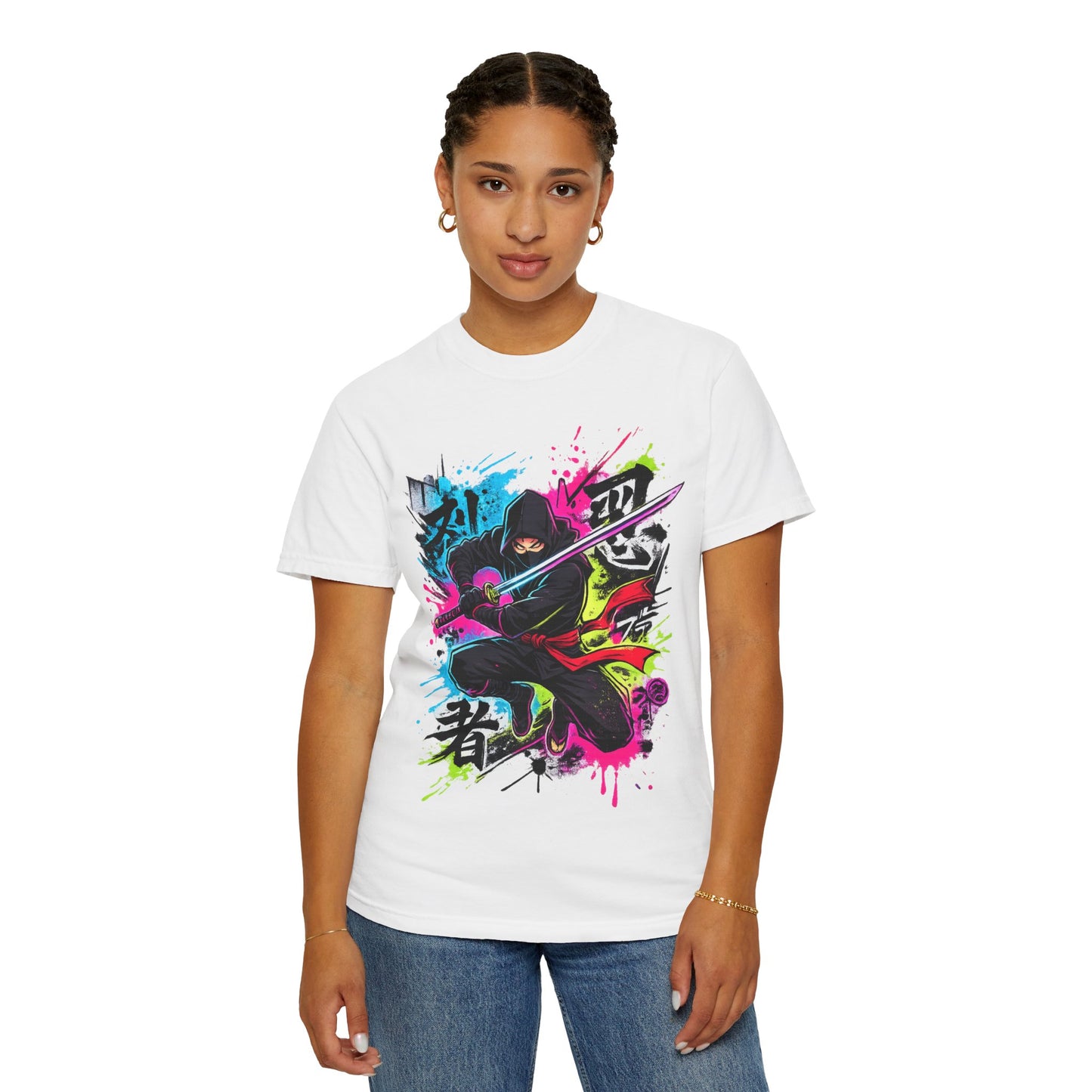 Neon Ninja Samurai T-Shirt — Vibrant Graffiti Sword Art
