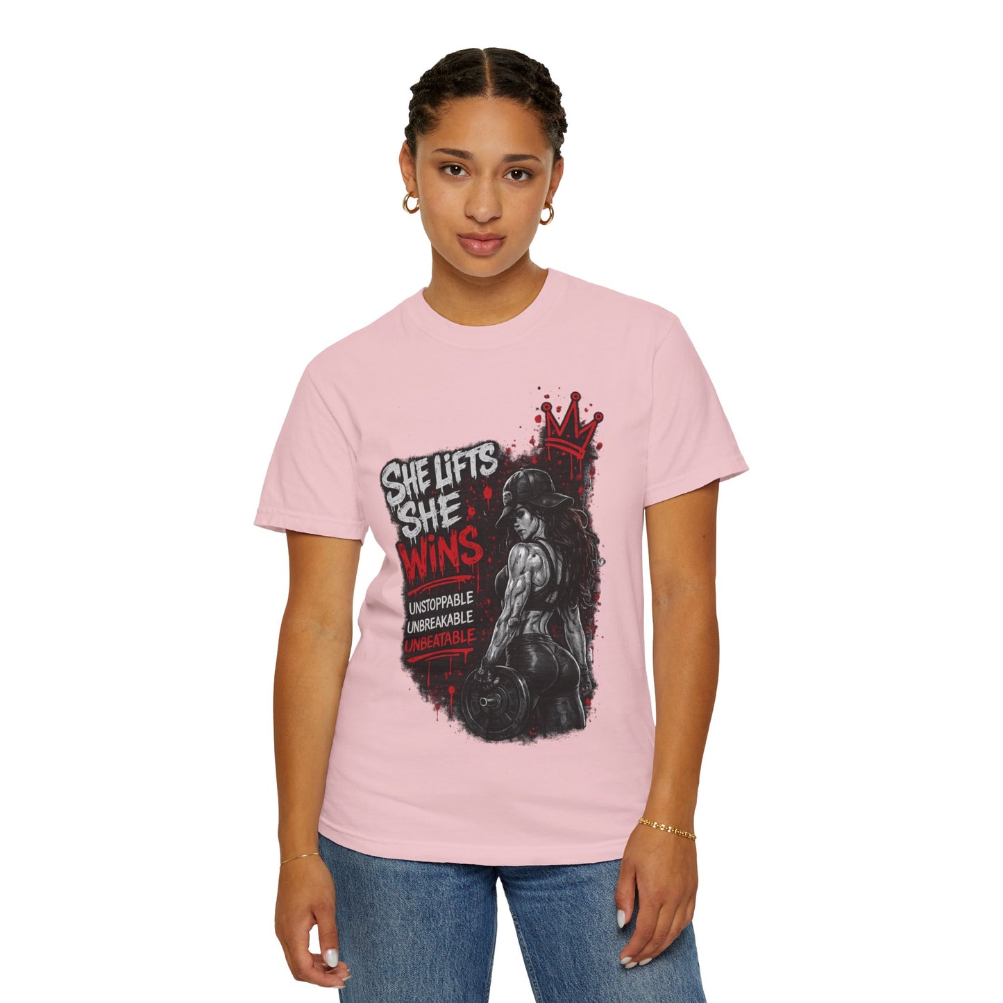 She Lifts She Wins T-Shirt — Women’s Strength Fitness Graphic Tee