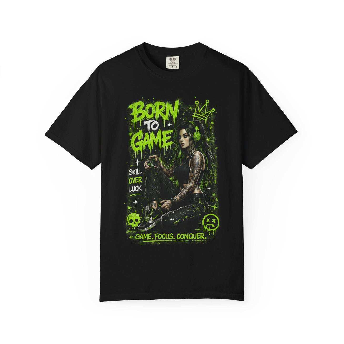 Born to Game Graphic T-Shirt — Gamer Skull & Neon Green Design