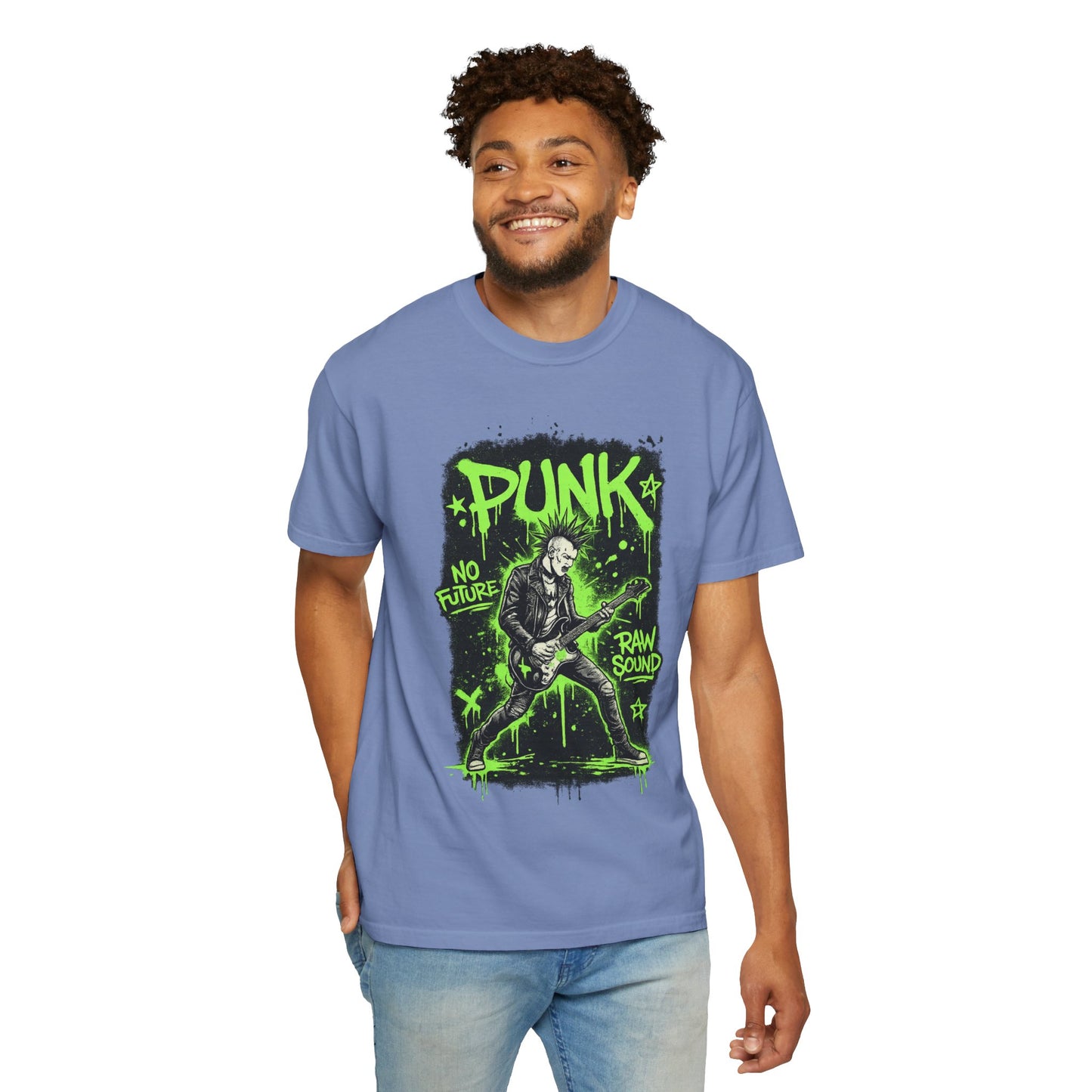 Punk Guitarist Graphic T-Shirt — “PUNK: No Future, Raw Sound” Neon Green Band Tee