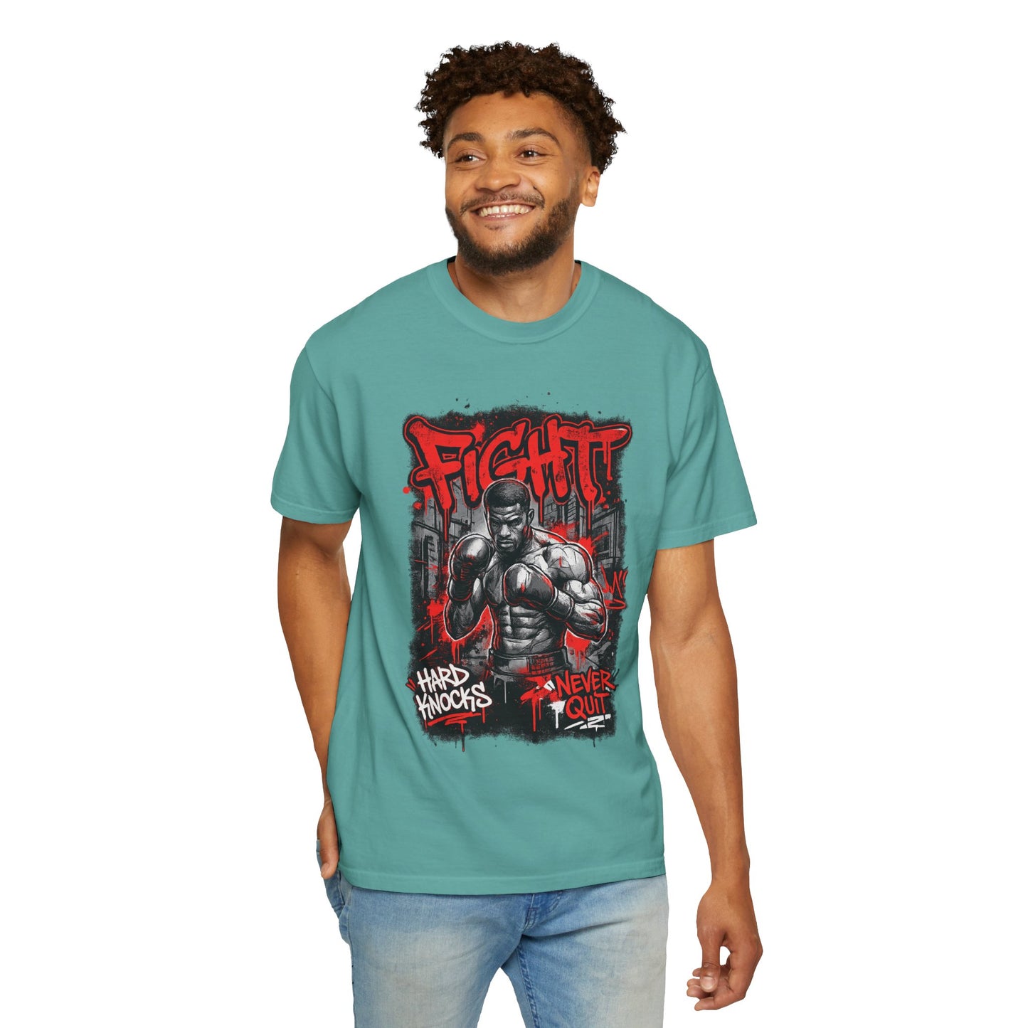 Fight Graphic T-Shirt — "Hard Knocks, Never Quit" Motivational Boxing Tee