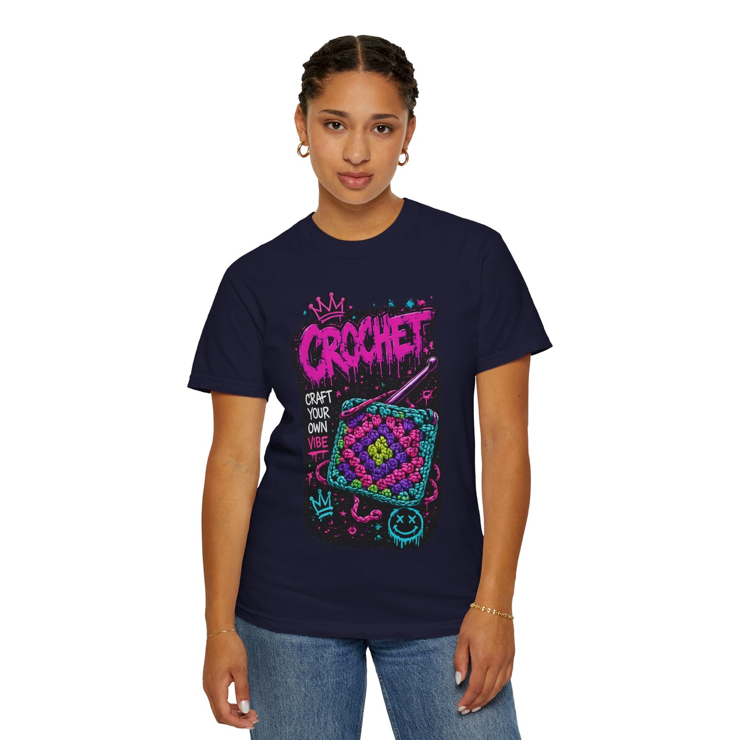 Crochet Vibes Graphic T-Shirt — "Craft Your Own Vibe" Retro Neon Crochet Design