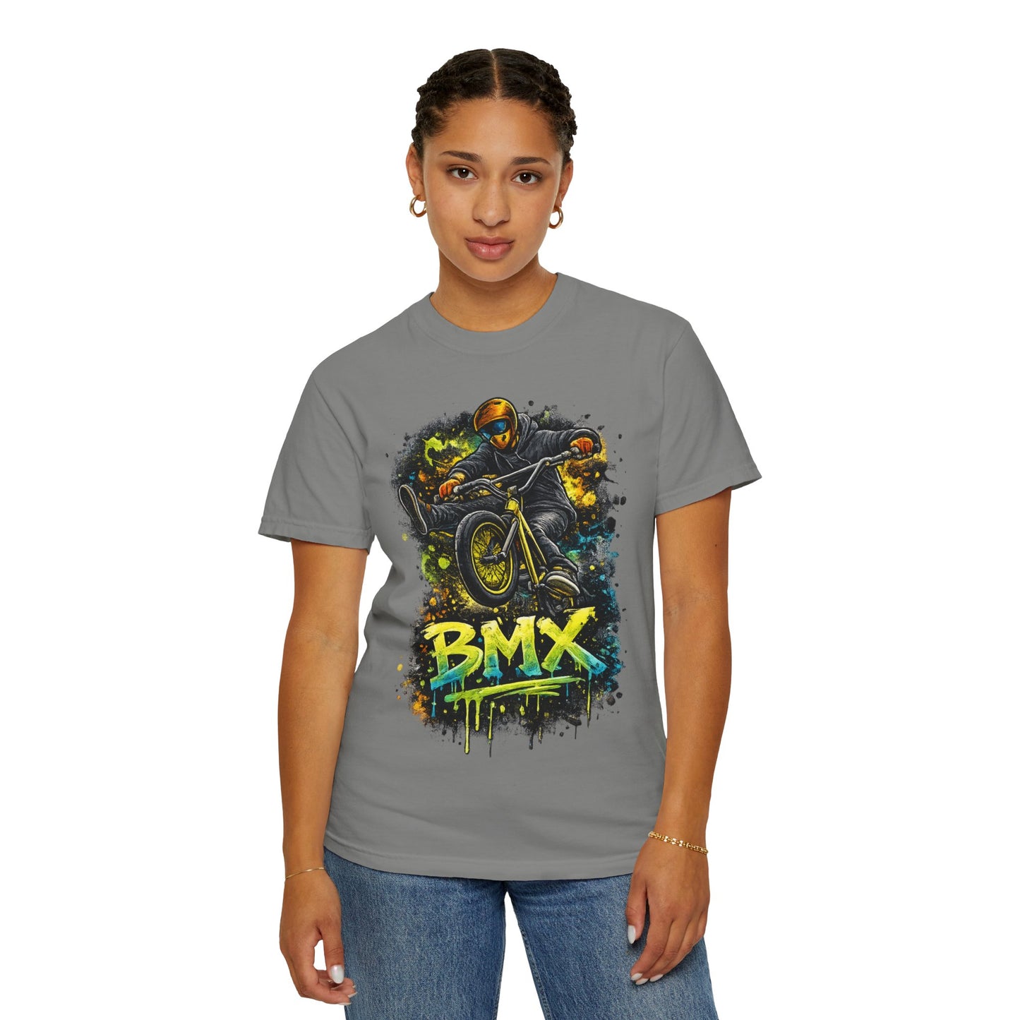 BMX Rider Graphic T-Shirt — Neon Stunt Bike Tee
