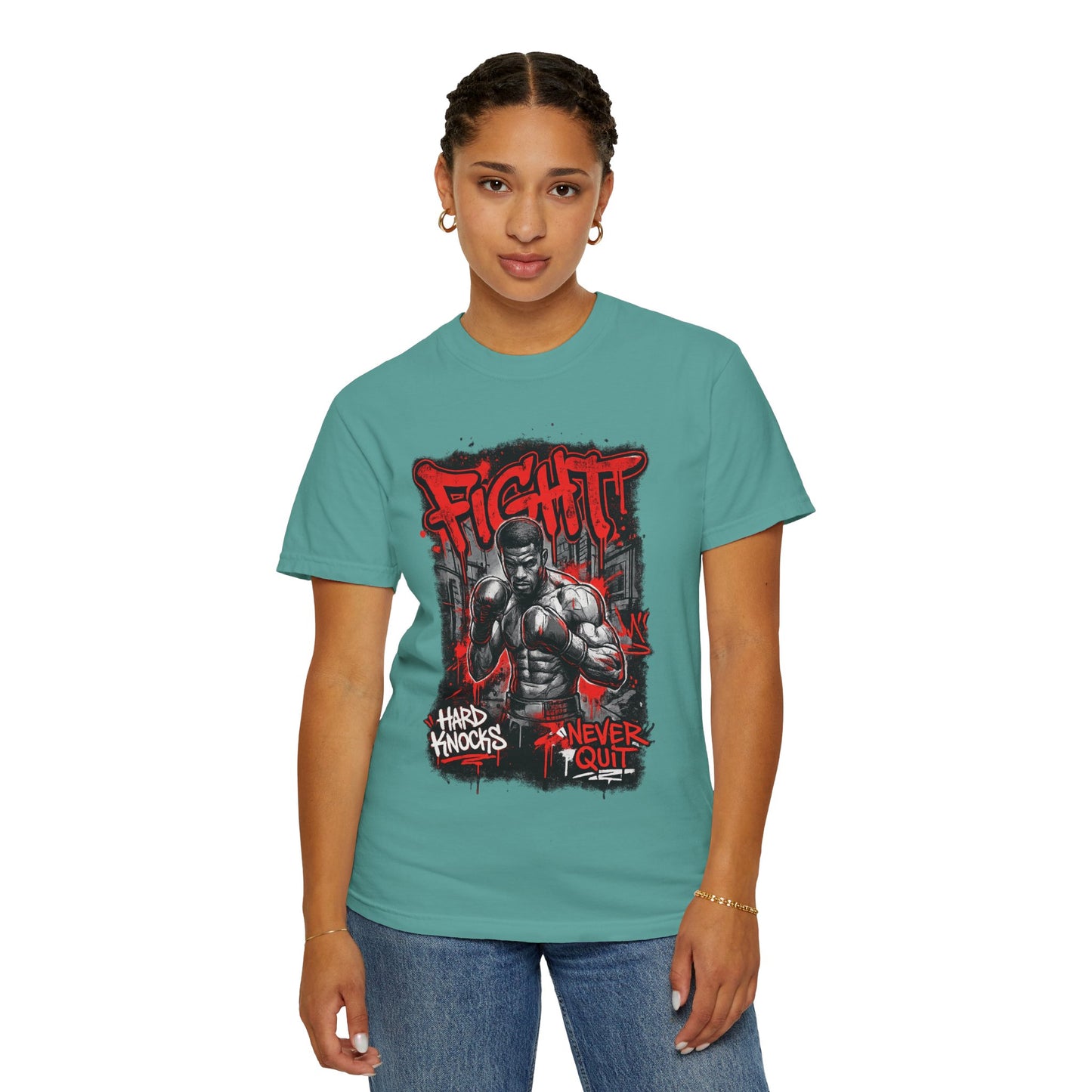 Fight Graphic T-Shirt — "Hard Knocks, Never Quit" Motivational Boxing Tee