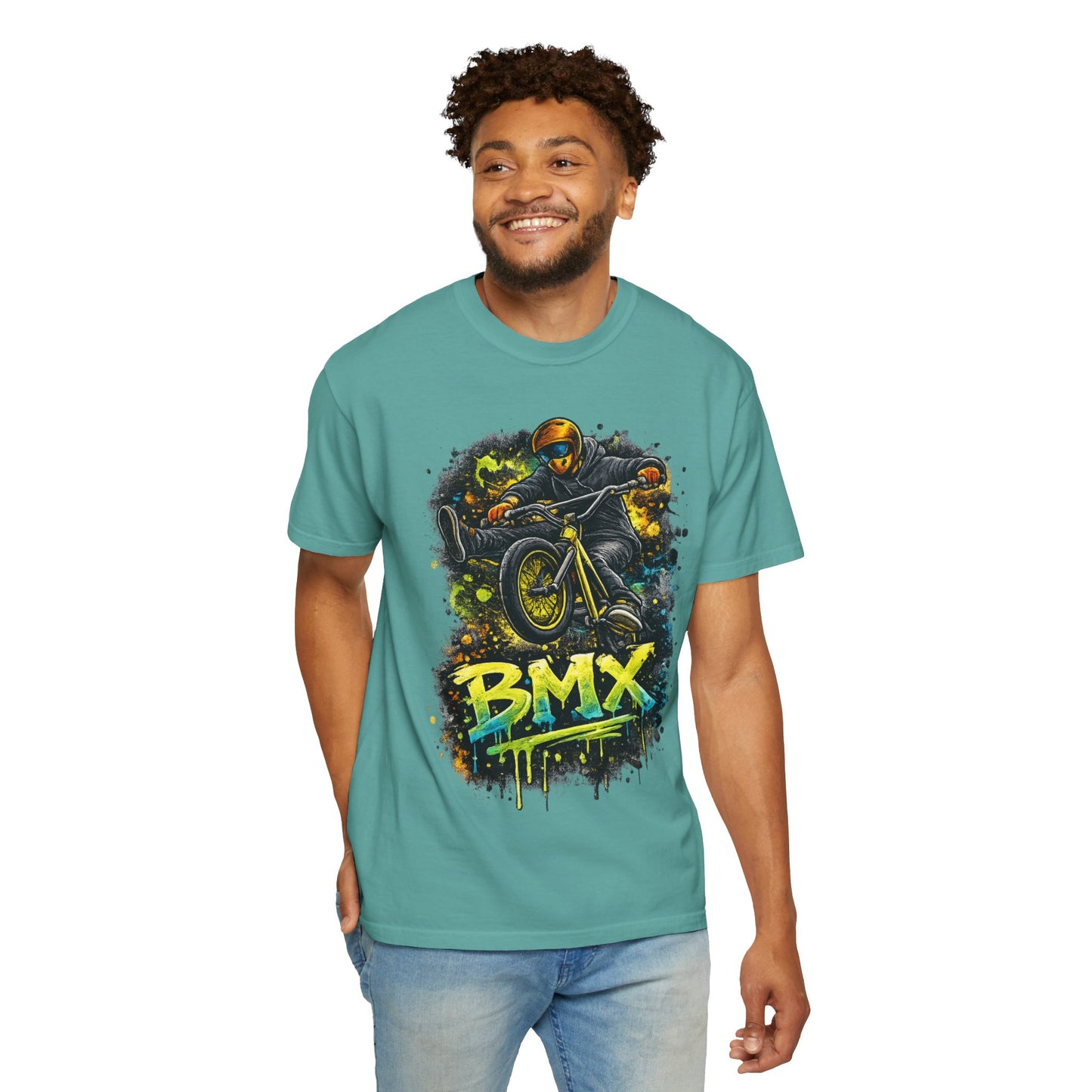 BMX Rider Graphic T-Shirt — Neon Stunt Bike Tee