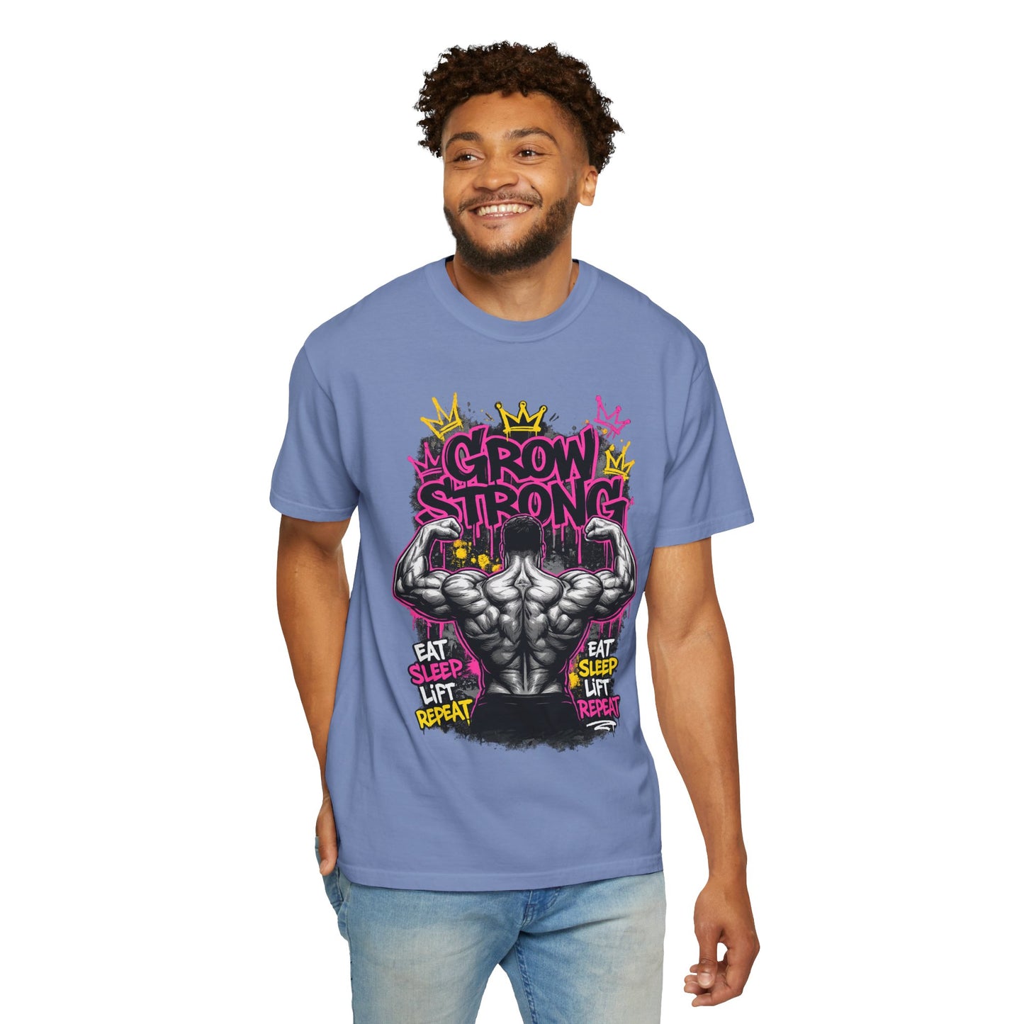 Grow Strong muscular back illustration T-shirt | Eat Sleep Lift Repeat gym tee