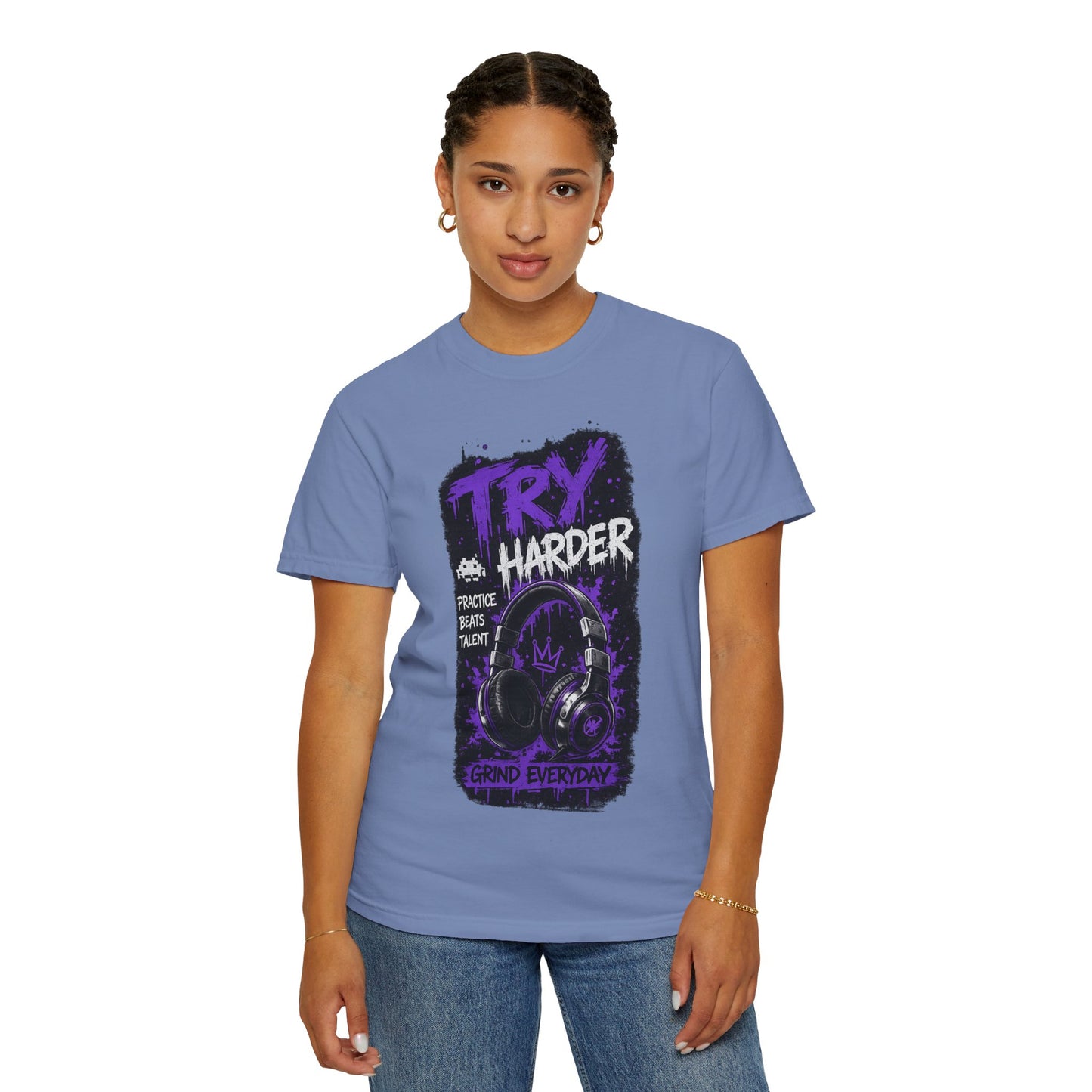 Try Harder Graphic T-Shirt — 'Try Harder' Headphones Motivational Tee