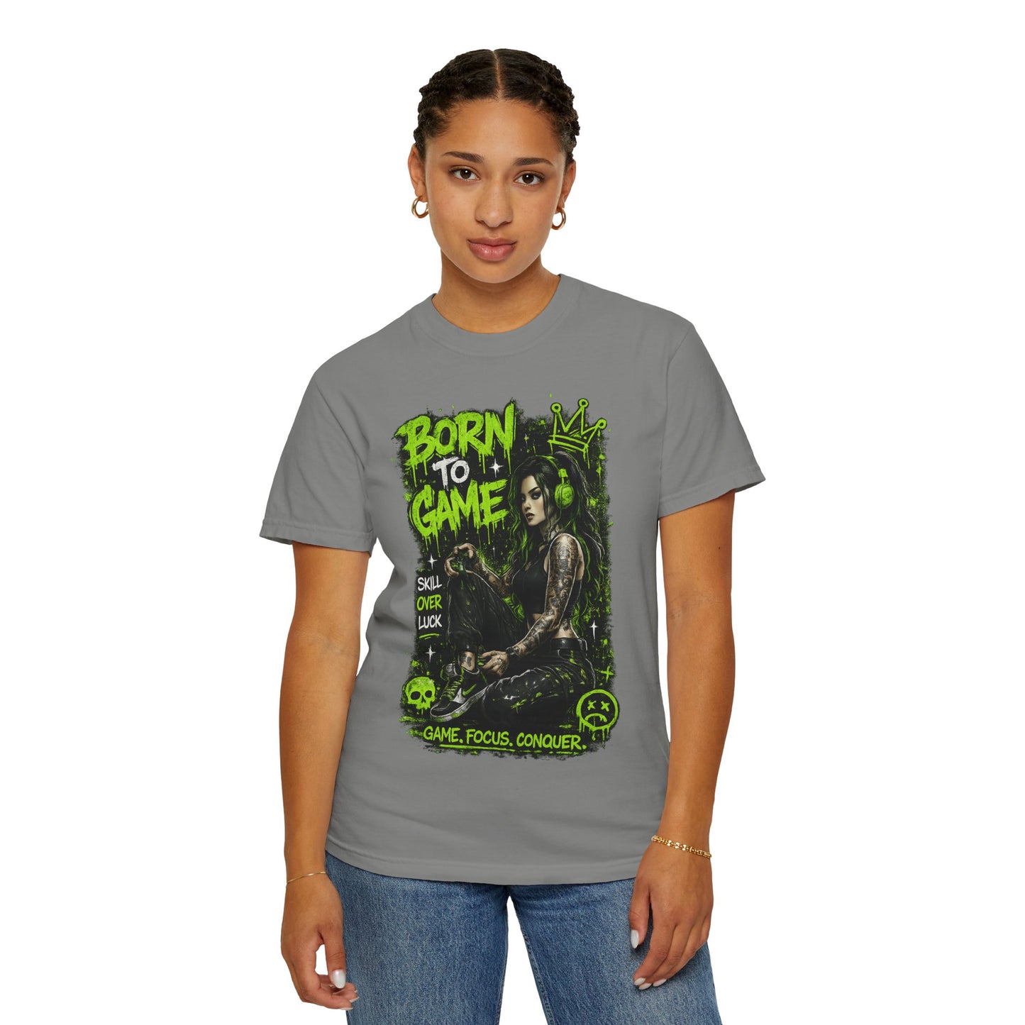 Born to Game Graphic T-Shirt — Gamer Skull & Neon Green Design